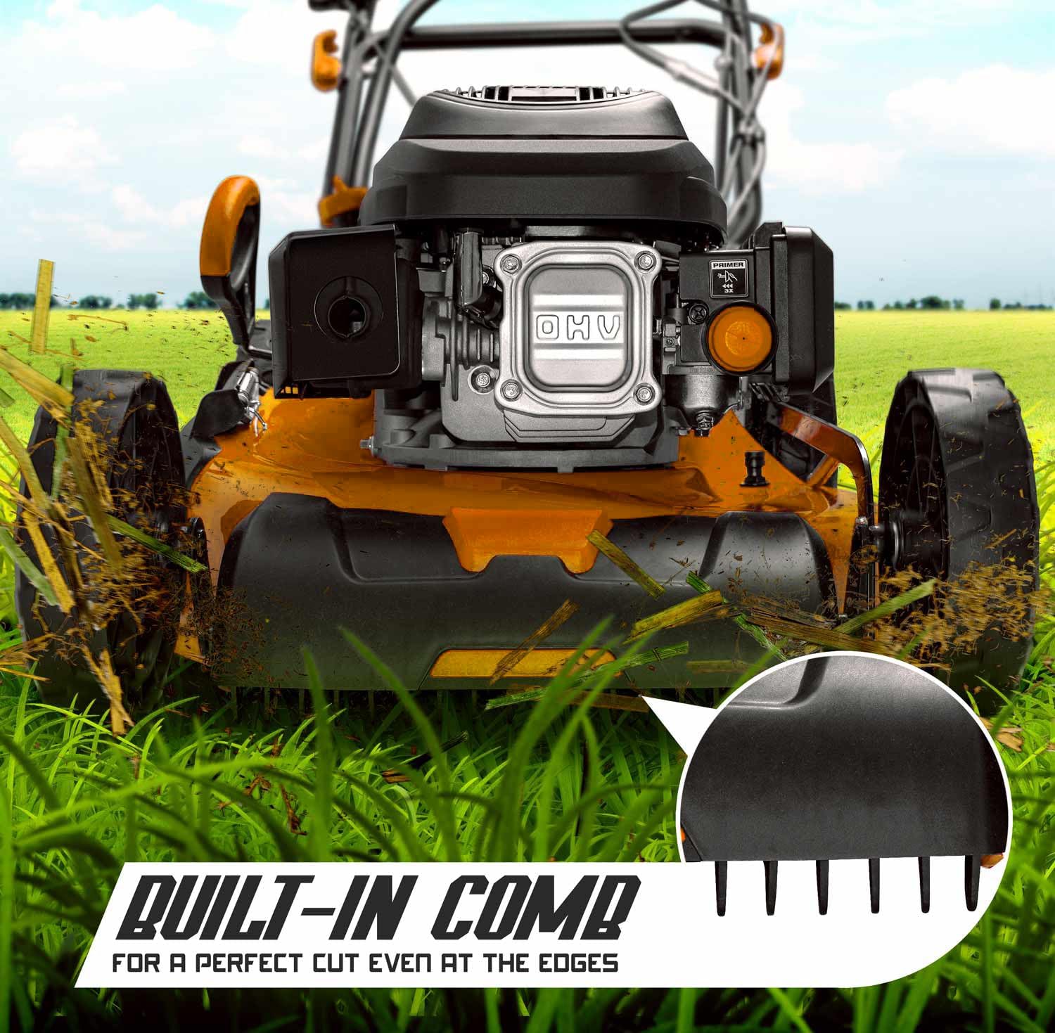 Boudech® Tondeuse automotrice 225cc 5.2p OHV 4 Temps avec e-Start Mulching 4in1 520mm Largeur de Coupe