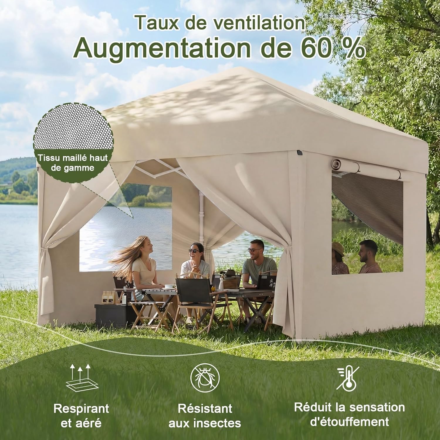 Devoko - Tonnelle Pliante - 3x3m - Fenêtre moustiquaire, UV 50+, Impermeable
