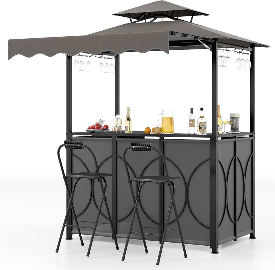 COSTWAY - Tonnelle barbecue 3 pcs - table/bar étagères métal, chaises pliables, auvent double toit, gris