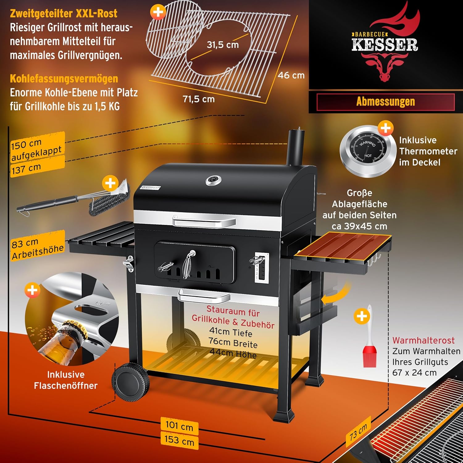 KESSER - barbecue charbon XXL - sur pied, thermomètre, 8 brochettes