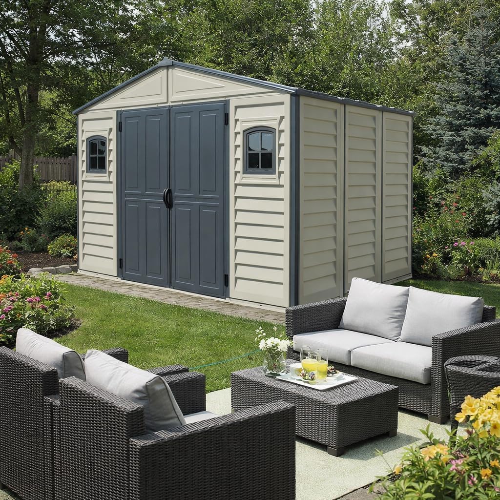 Abri de jardin Duramax WoodBridge II PLUS - 10.5 x 8 (7.64 m²) - Plastique, kit fondation, 2 fenêtres, toit métal, sans 