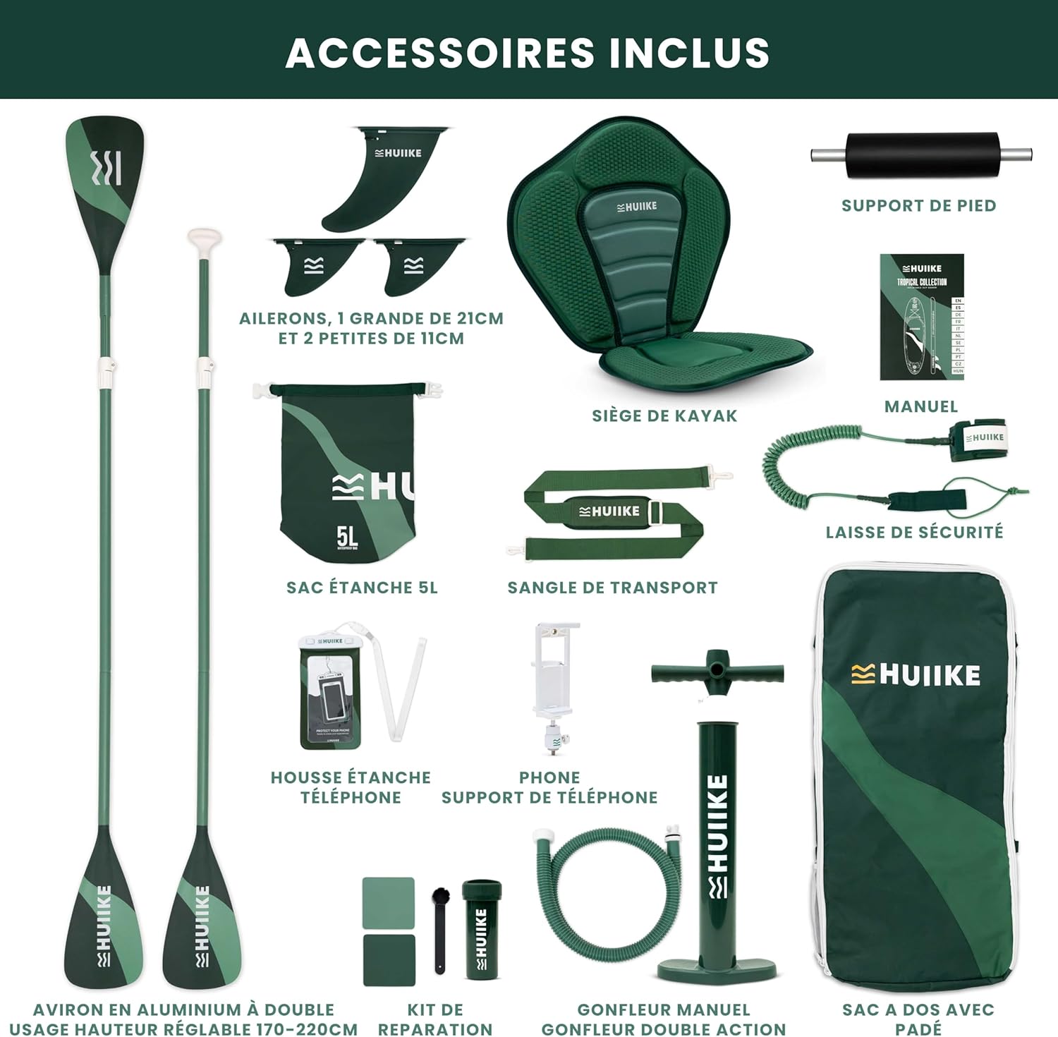 HUIIKE - Paddle gonflable adulte série stable - 305x84x15 cm - Accessoires inclus, supporte 130 kg