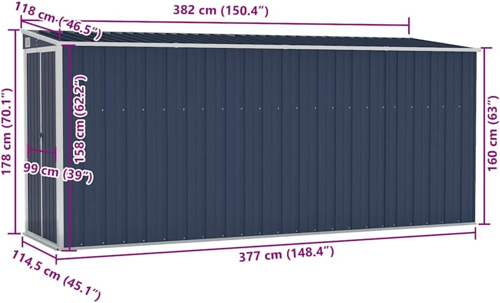 Générique Abri de Jardin Mural Anthracite 118x382x178 cm Acier,Maison & Jardin, Pelouses & Jardins, Vie en extérieur, Structures extérieures, Cabanes & abris de Jardin, Anthracite (Poids 47.9KG)