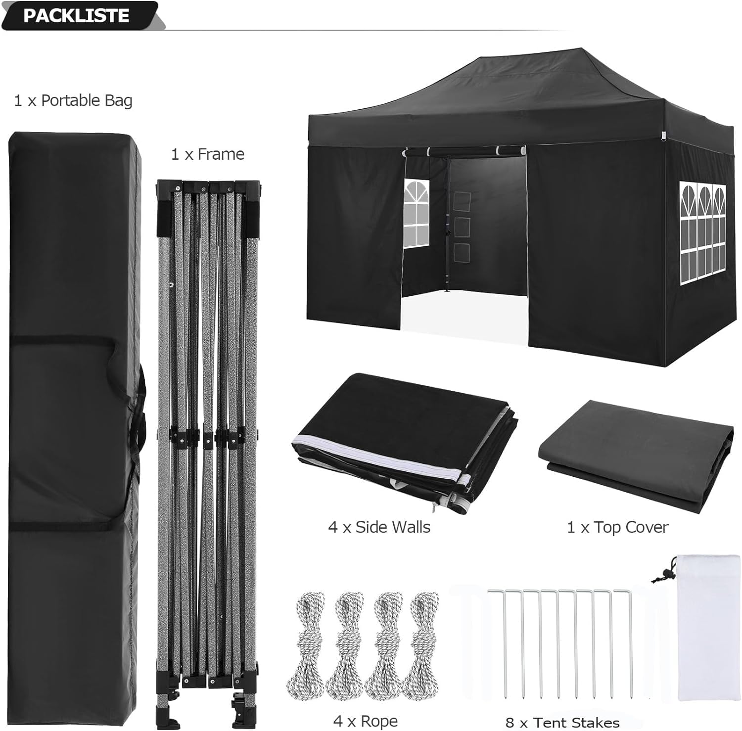 COBIZI - tonnelle pliante série - 3x4.5m - étanche, UV50+, stable, panneaux latéraux
