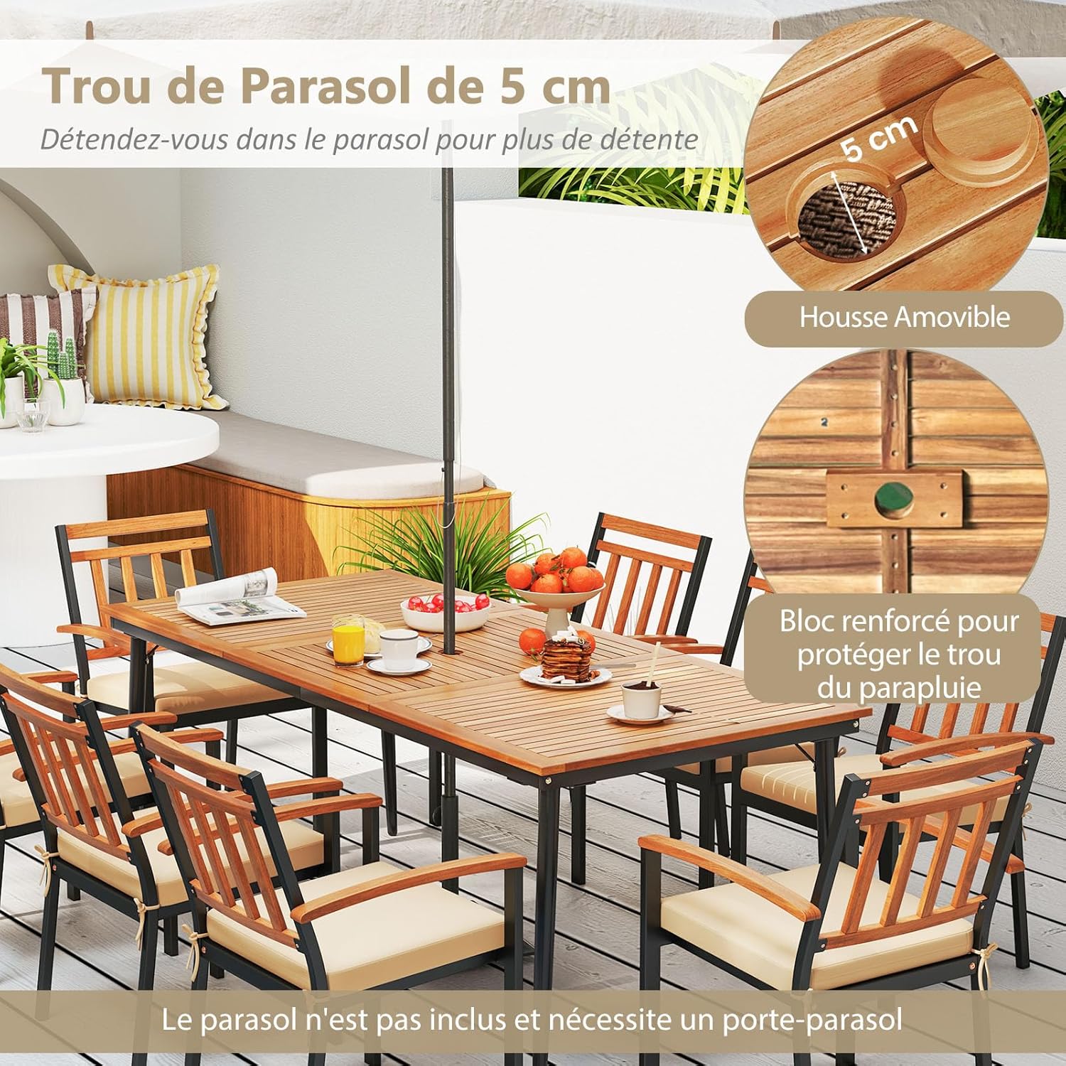 COSTWAY - Table de jardin en bois acacia 200cm, pieds métal, trou parasol