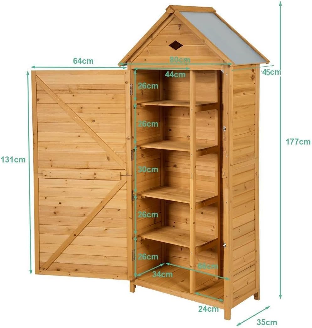 RELAX4LIFE Abri de Jardin en Bois de Sapin avec Porte Verrouillable, Toit Galvanisée,5 Étagères et Compartiment, Cabanon Jardin Extérieur