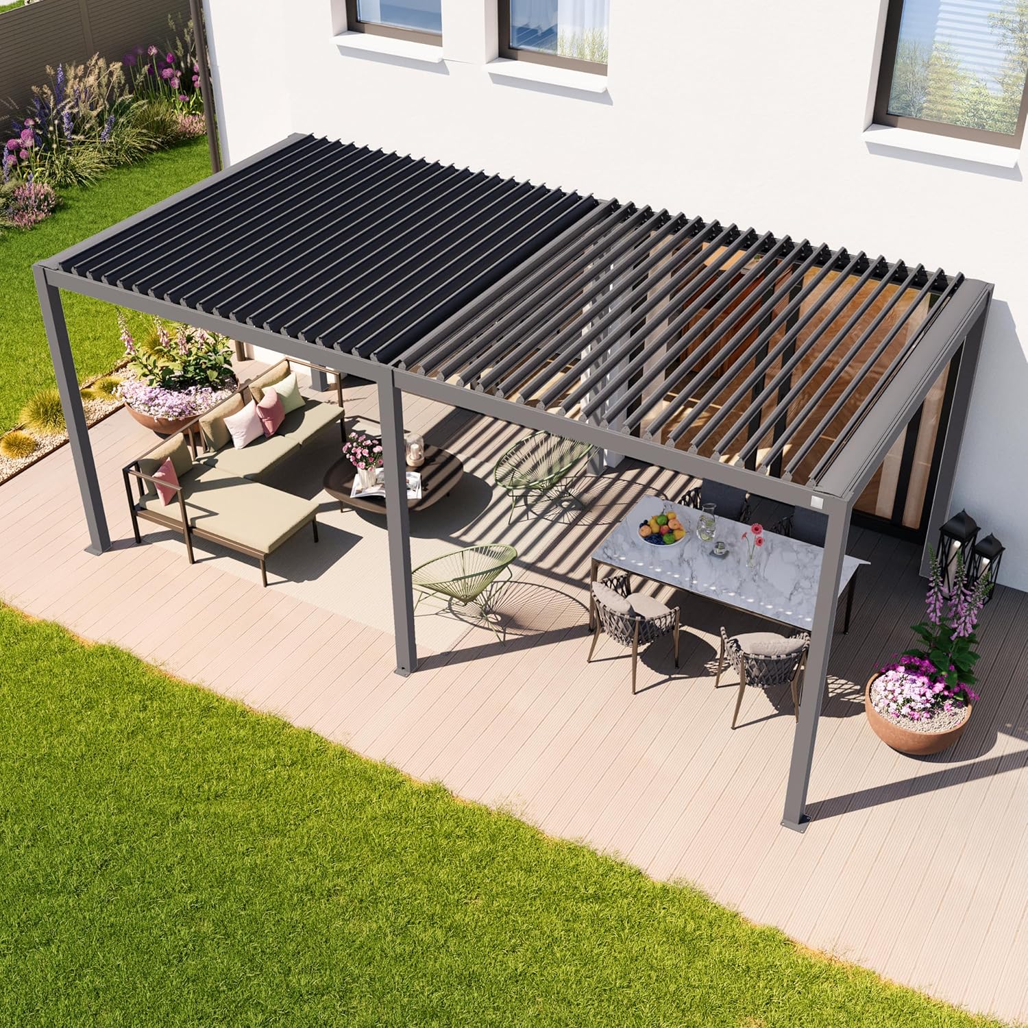 Primeyard - Pergola série Acier - 3x6 m - alu, lames orientables, gris