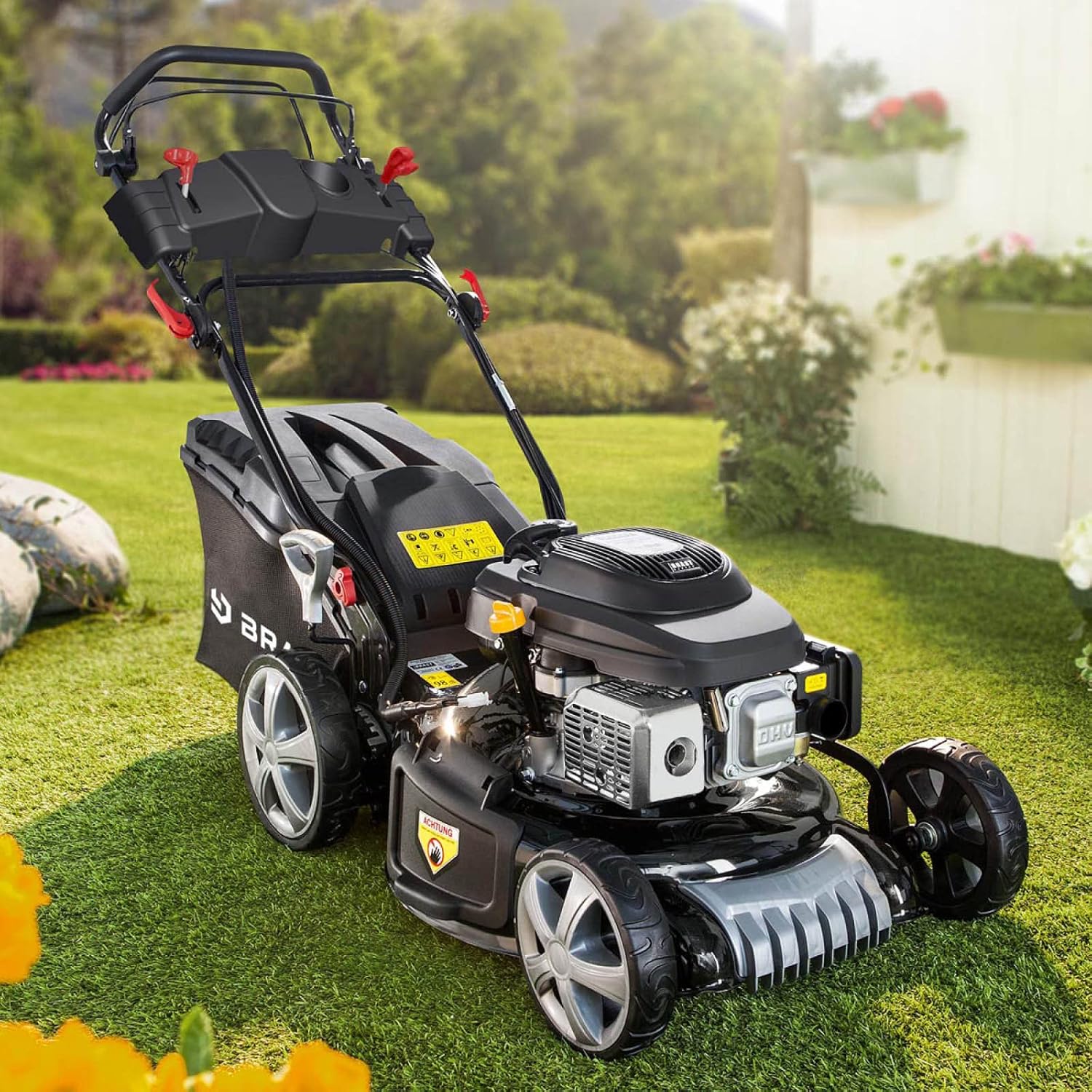 BRAST Tondeuse Thermique tractée démarrage électrique 170ccm 3,5kW (4,76 CV) 46 cm Coupe 30-80, Vitesse d'entraînement Triple réglable 60 l Moteur 4 Temps, 4en 1, châssis en tôle d'acier