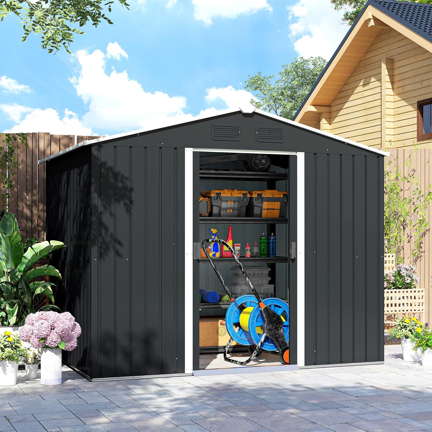 Outsunny - abri de jardin acier - 236x174x190cm - portes coulissantes