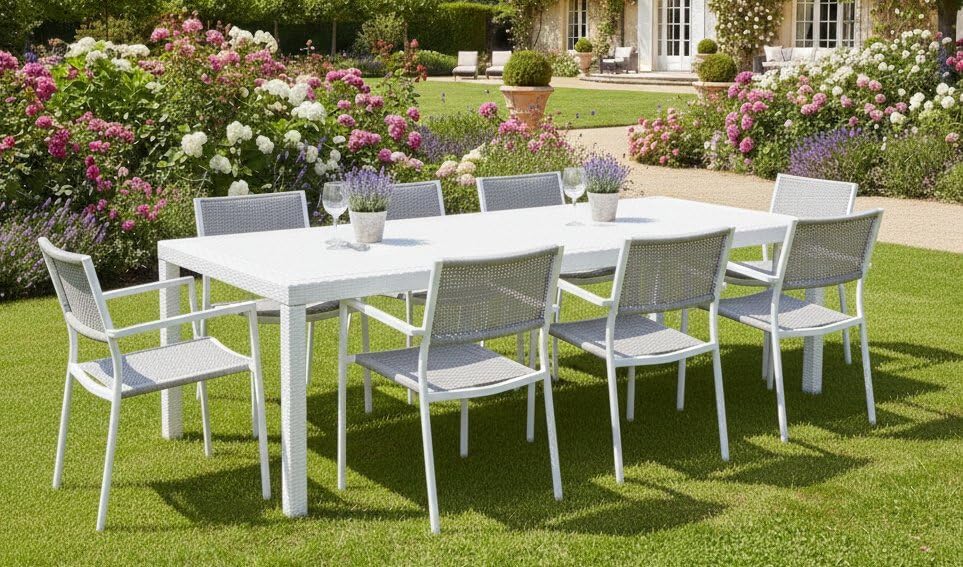 Dmora - Roma - 150/220x90x72 cm - table jardin extensible rotin blanc