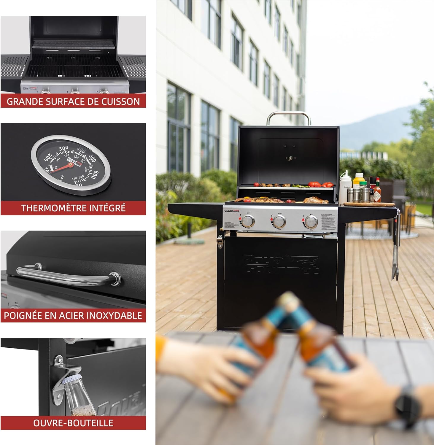Royal Gourmet – BBQ Gaz 3 brûleurs – 9kW – chariot, capot, grilles, jardin