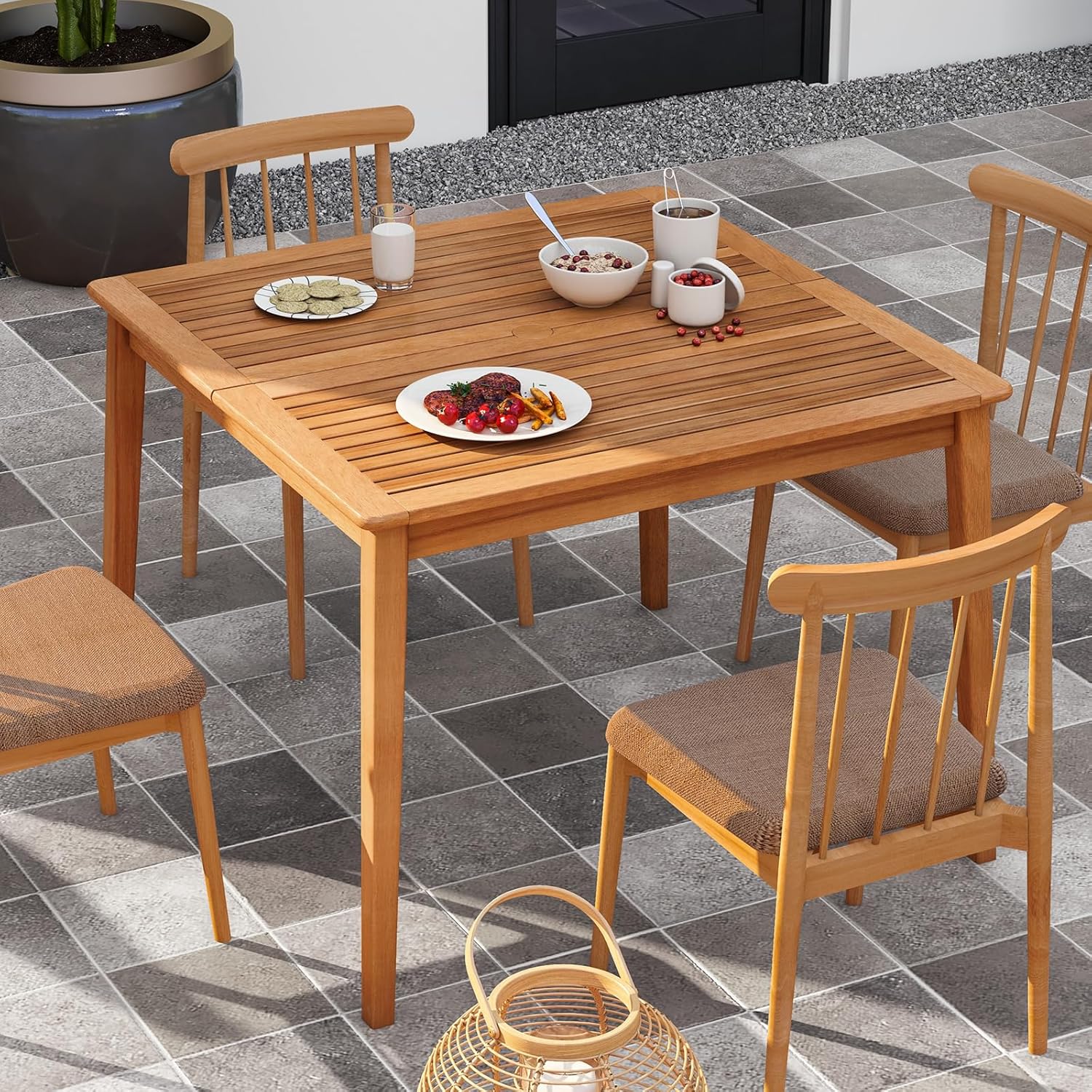 GOPLUS - table de jardin en bois d'acacia 100x100 cm - 4 places, trou pour parasol