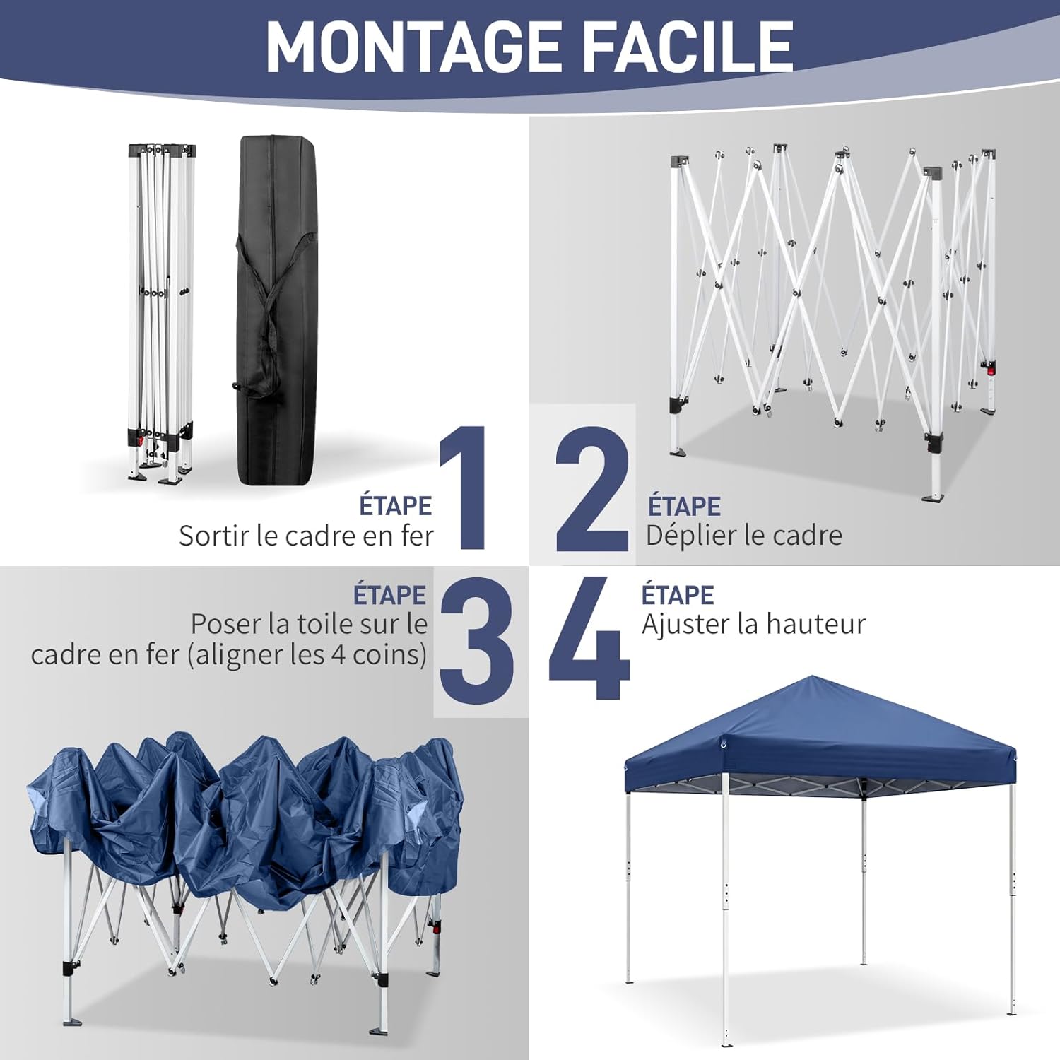 LEADZM - tonnelle pliable série, 3x3m, imperméable, anti-UV, hauteur ajustable, 4 moustiquaires, structure stable, bleu