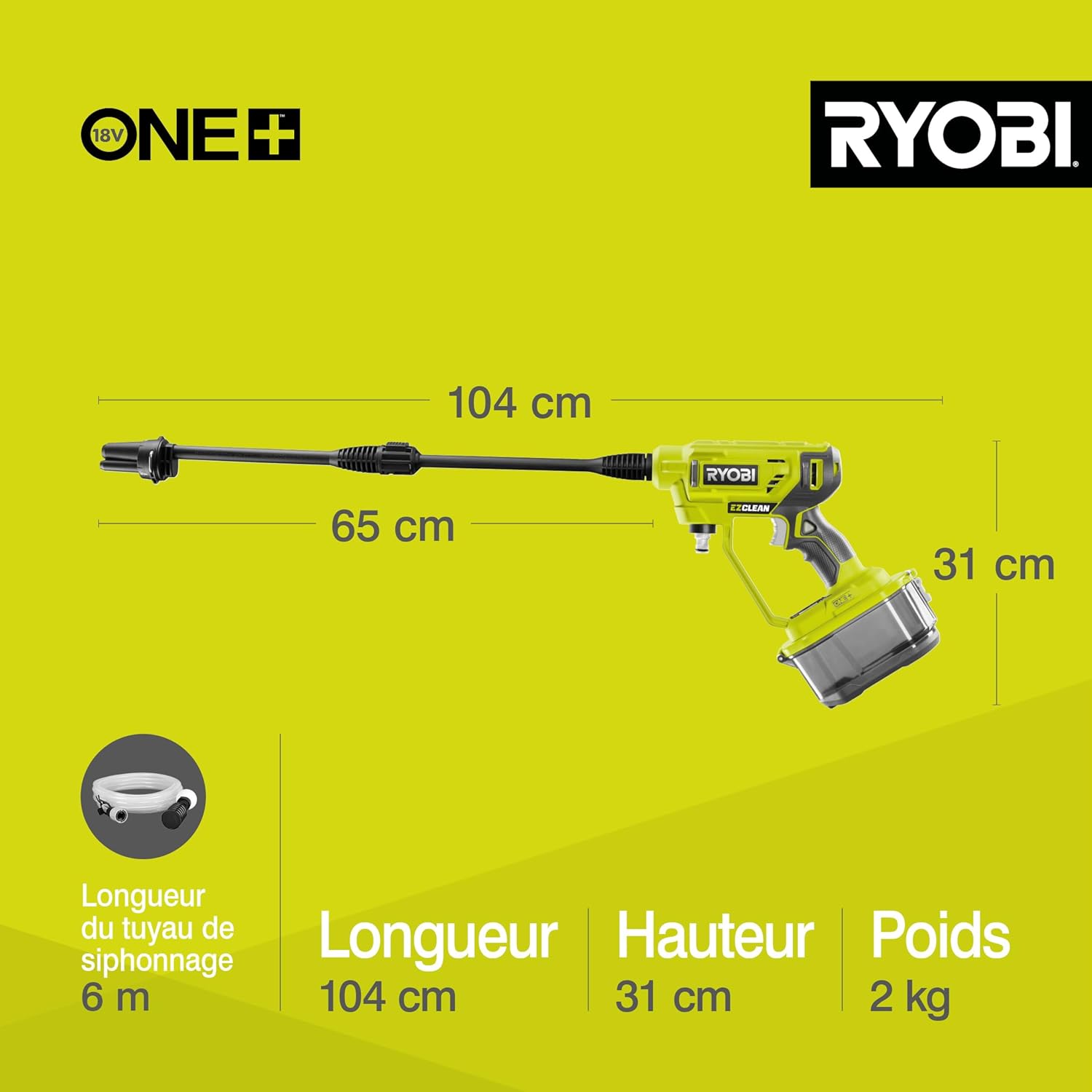 RYOBI - pistolet haute pression 18V One+ - 22 bar - léger, réservoir intégré, sans batterie - RY18PW22A-0