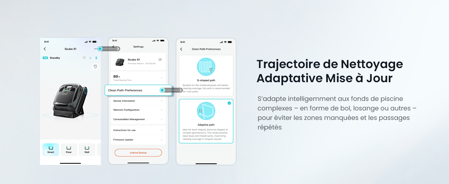 Le texte se lit comme suit : « Trajectoire de Nettoyage Adoptative Mise à Jour ». Infographie présentant l'interface de suivi des produits avec des écrans d'applications mobiles, des icônes et une documentation adaptative sur les itinéraires de nettoyage.