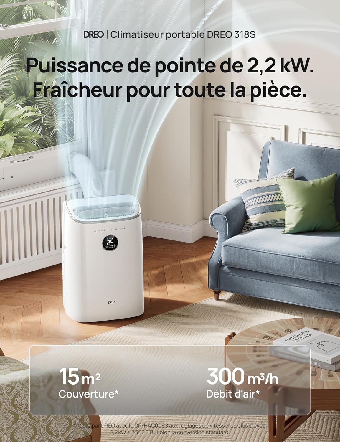 DREO - climatiseur mobile série AC318S - 7500 BTU, 3-en-1, silencieux, 2,5L/h, contrôle app/voix, kit fenêtre, AC318S