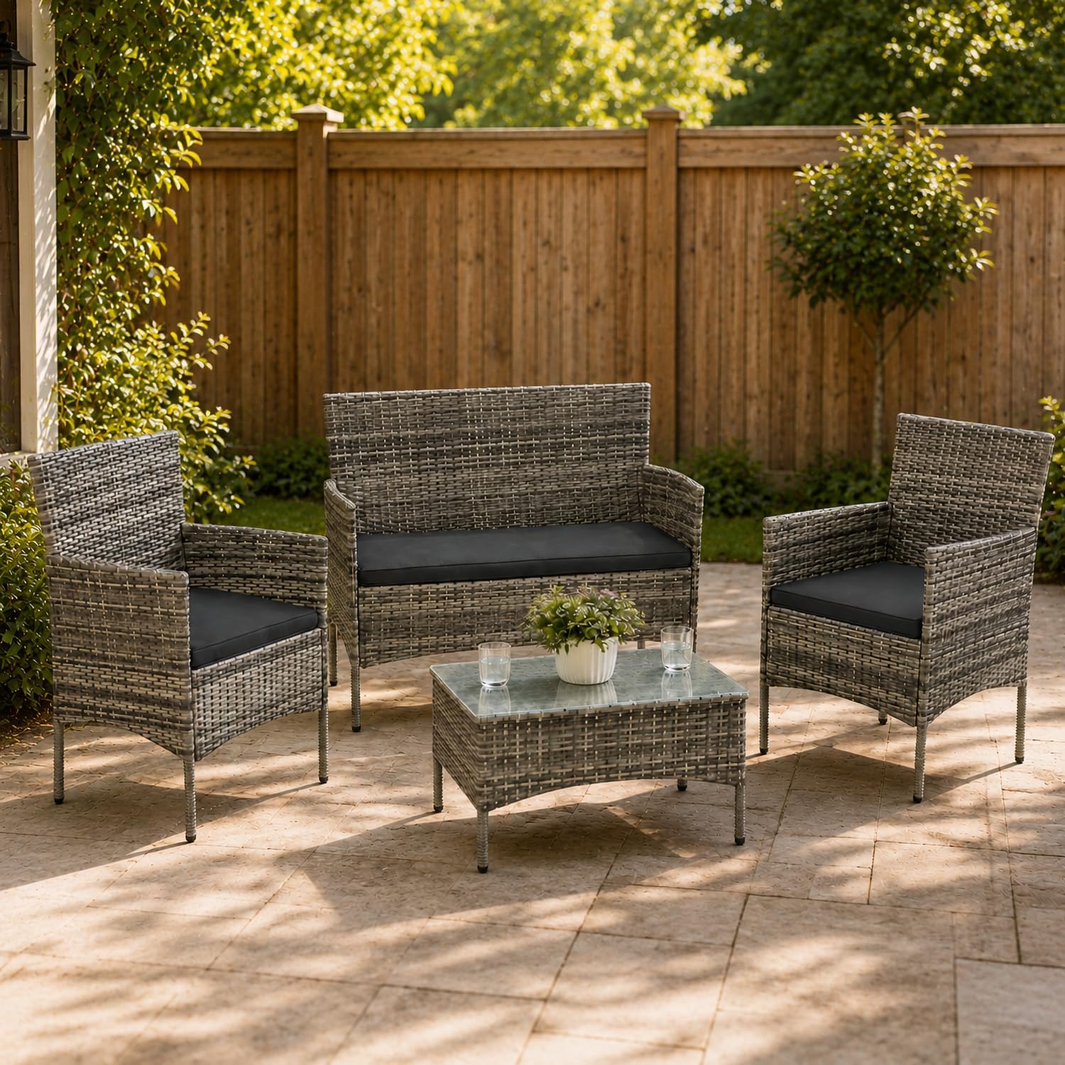 Juskys - Fort Myers salon de jardin 4 places, coussins gris, polyrotin