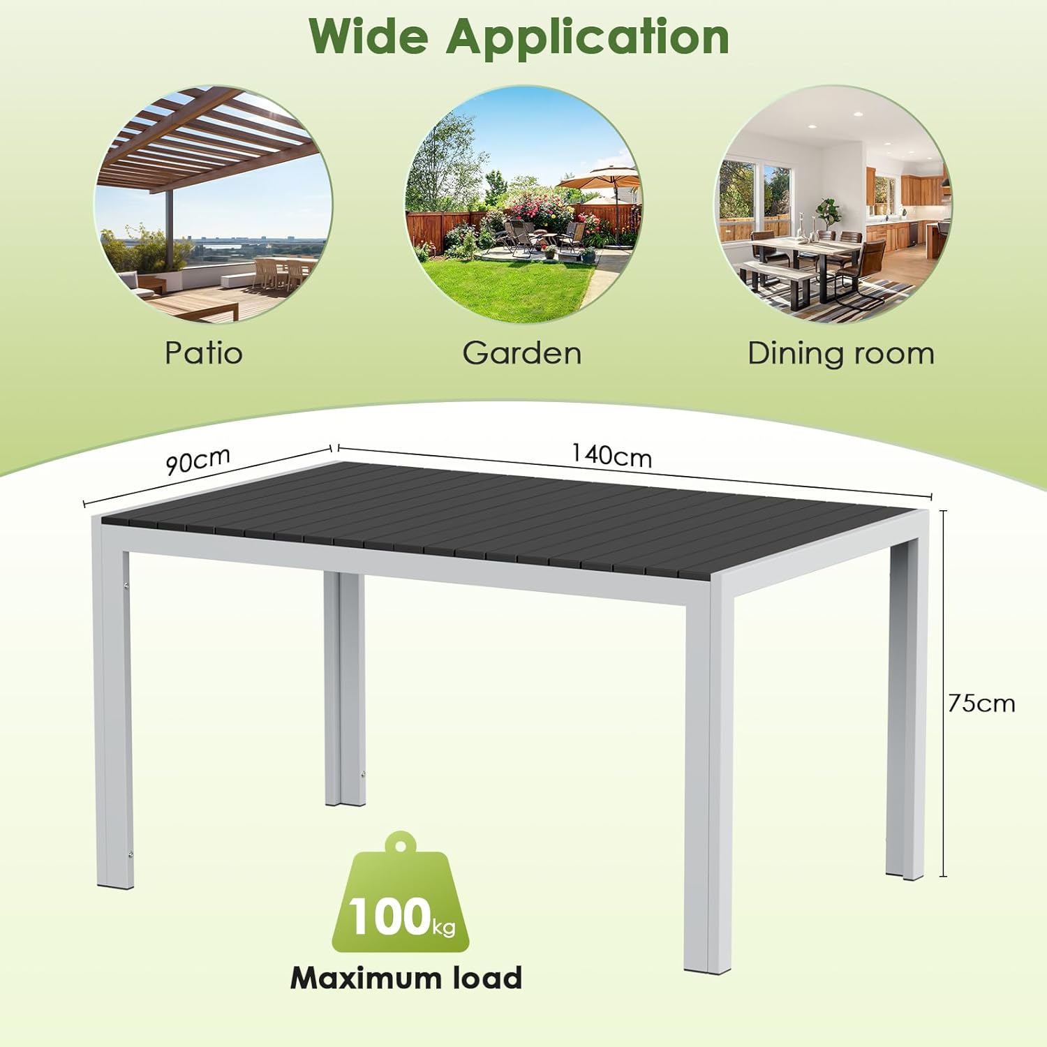 LIFERUN - table de jardin rectangulaire - 140x90x75 cm - aluminium et WPC, 6 places, noire