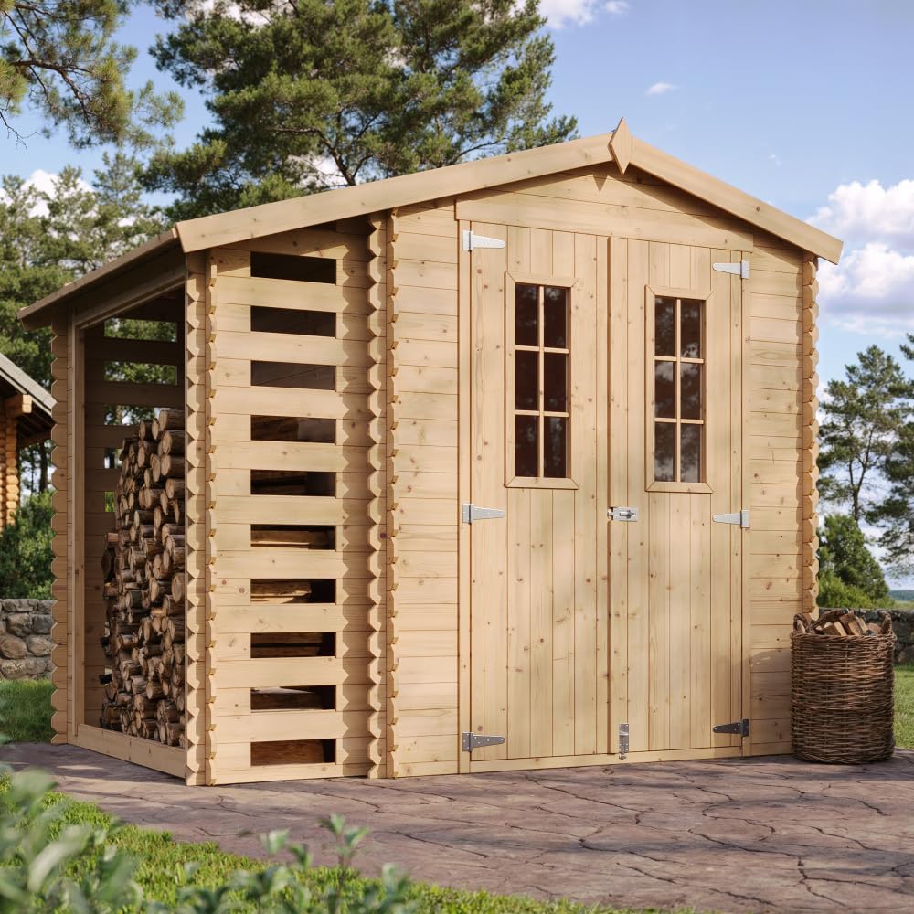 Timbela - abri jardin bois & range bûches - 206x272x218 cm - toit étanche, fenêtres M386C