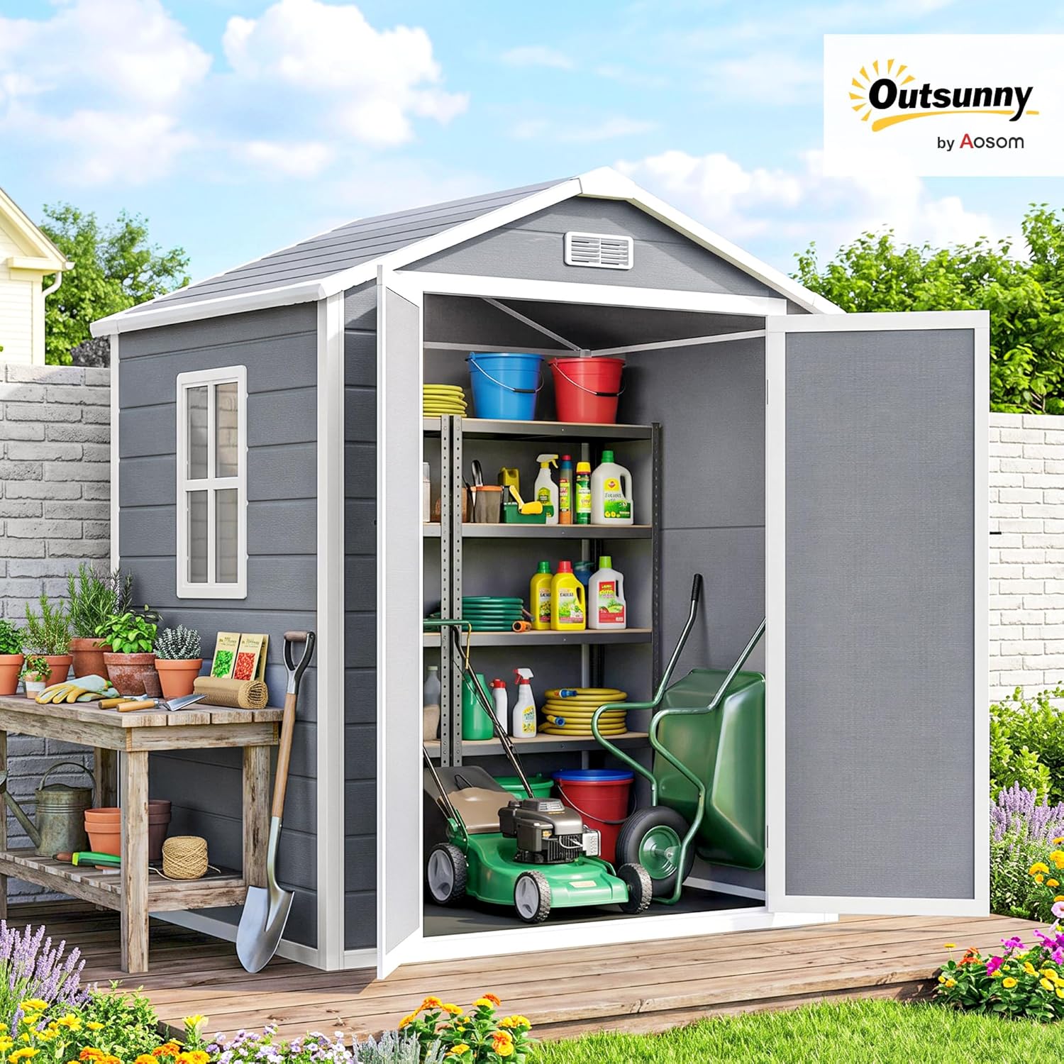 Outsunny - abri de jardin résine 2,12m², double porte, fenêtre, toit pente