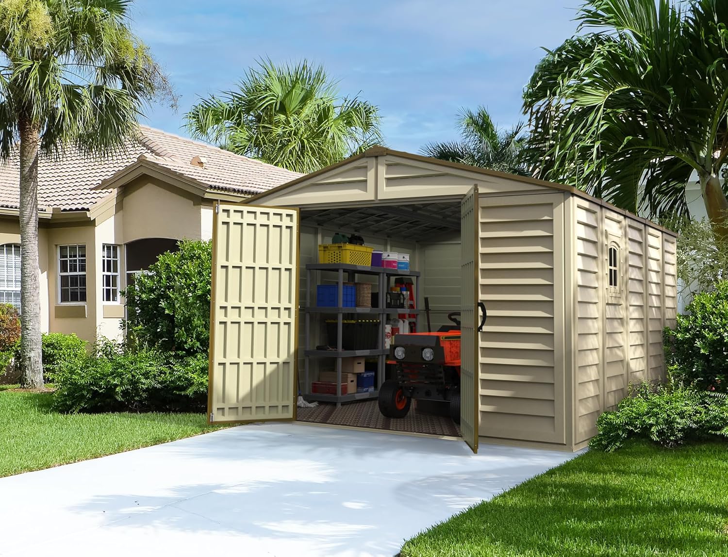Duramax - Woodbridge Plus - 10,5'x13' - abri jardin résine, beige/brun, 399,8x318,7x222 cm