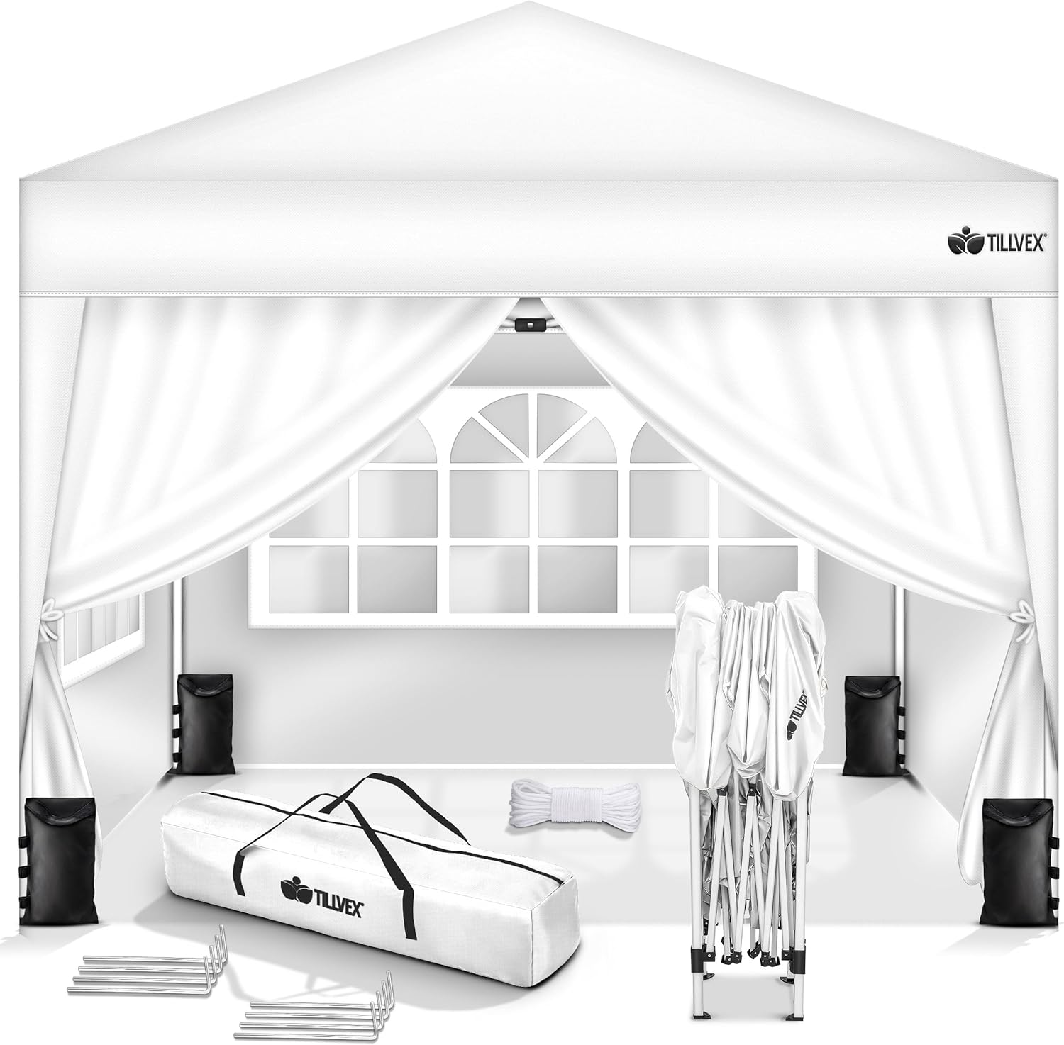 tillvex Tonnelle de Jardin 3 x 3 m Pliable avec 4 côtés | Tente de Jardin Pliante réglable en Hauteur | Auvent Pliant pour Camping, Festival, Plage, Jardin | Protection UV 50+ + Sac de Jardin