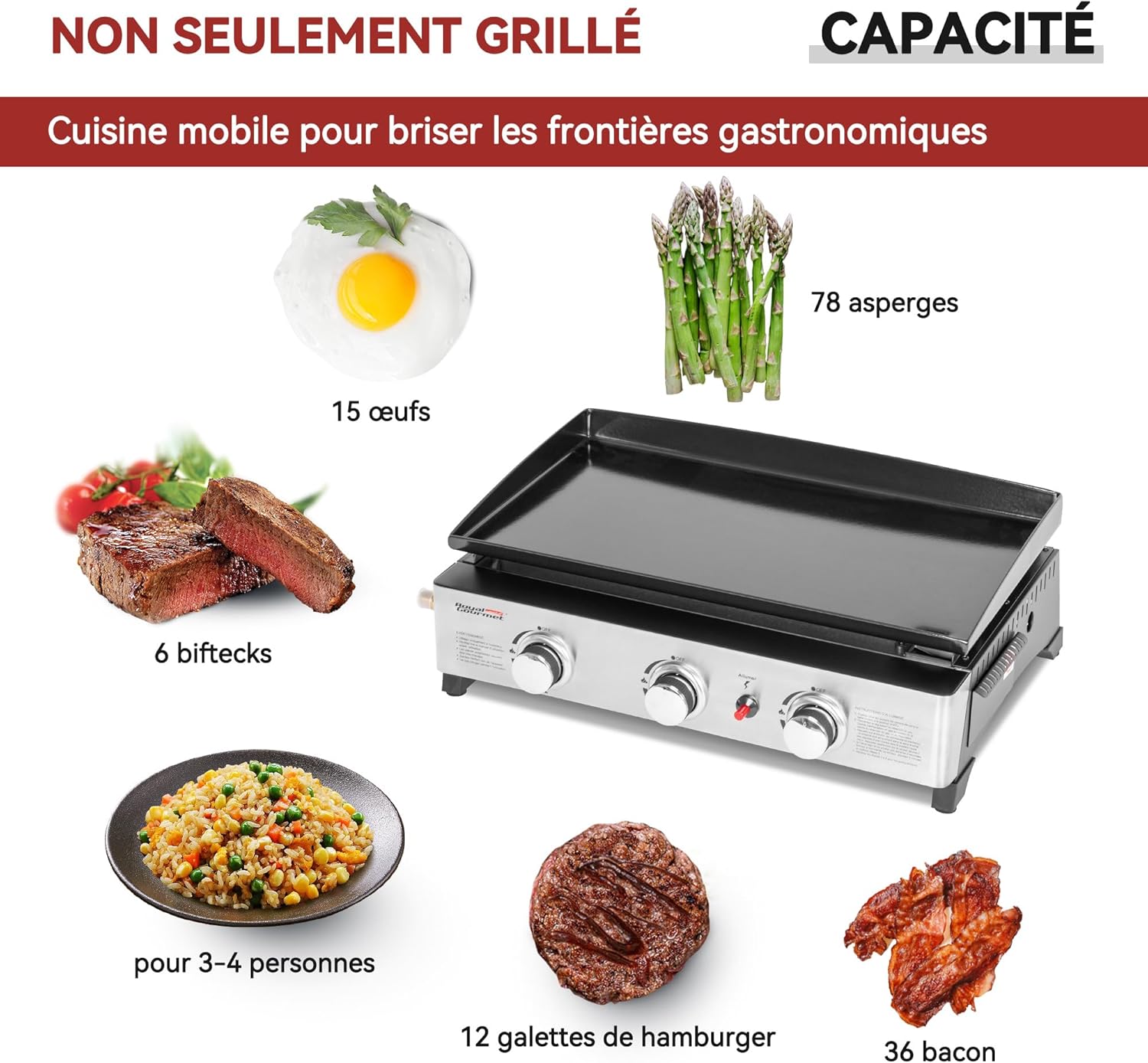 Royal Gourmet - Plancha Gaz 3 brûleurs - 62x35,5 cm - acier émaillé, portable, 7.5kW