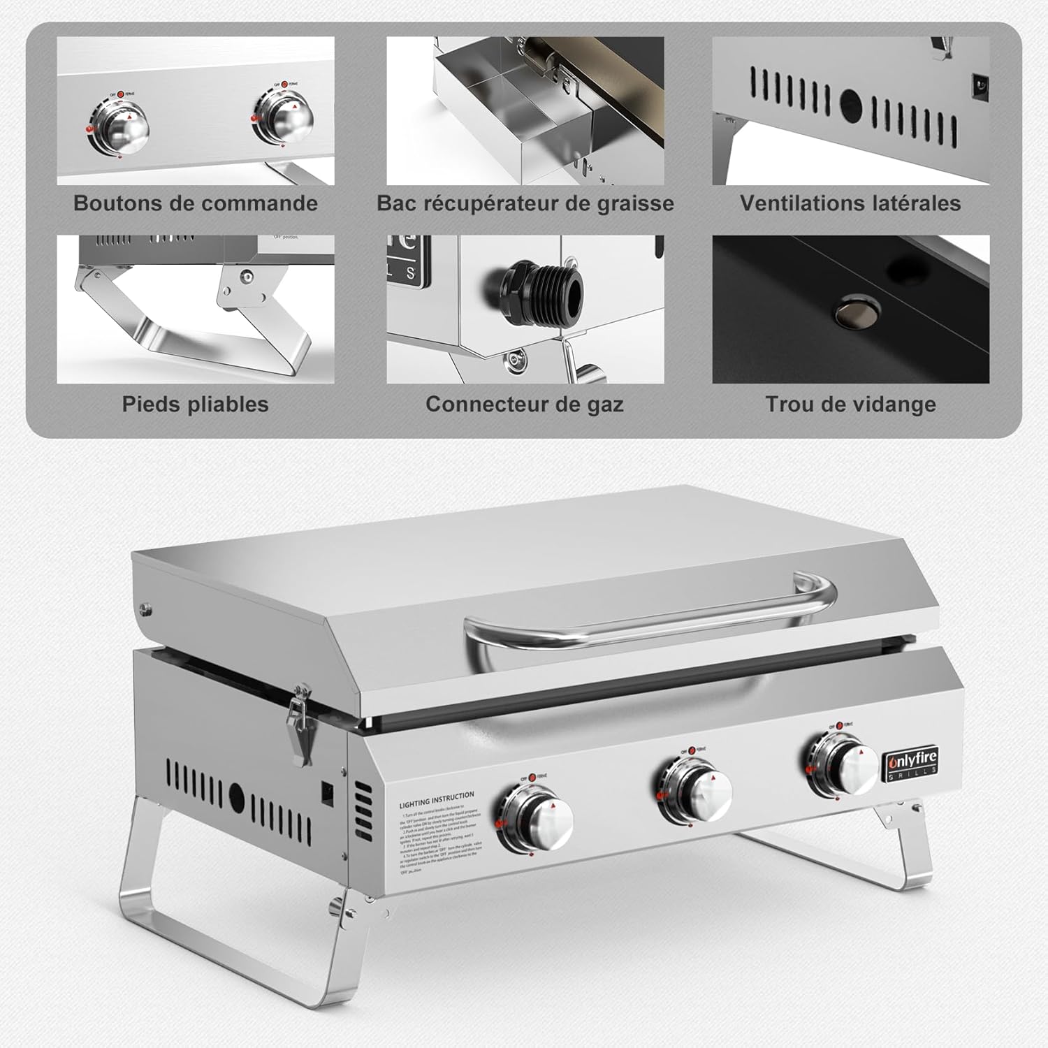 onlyfire - Plancha gaz inox - 57x36cm - 3 brûleurs, 7kW, céramique, pieds pliables