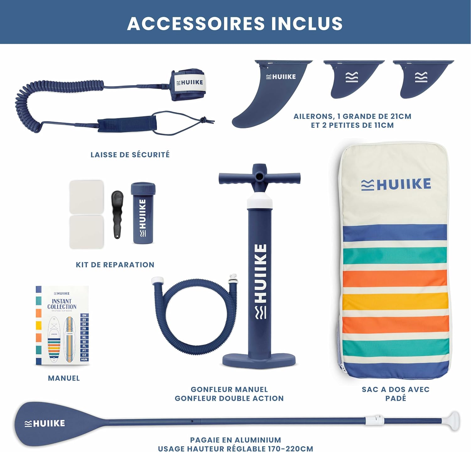 HUIIKE Paddle Gonflable Adulte avec Accessoires Inclus, Pagaie, Ailerons, Pompe. Planche de Stand Up Paddle Grande Stabilité et Résistance. 305 x 84 x 15 cm, Jusqu'à 130 kg