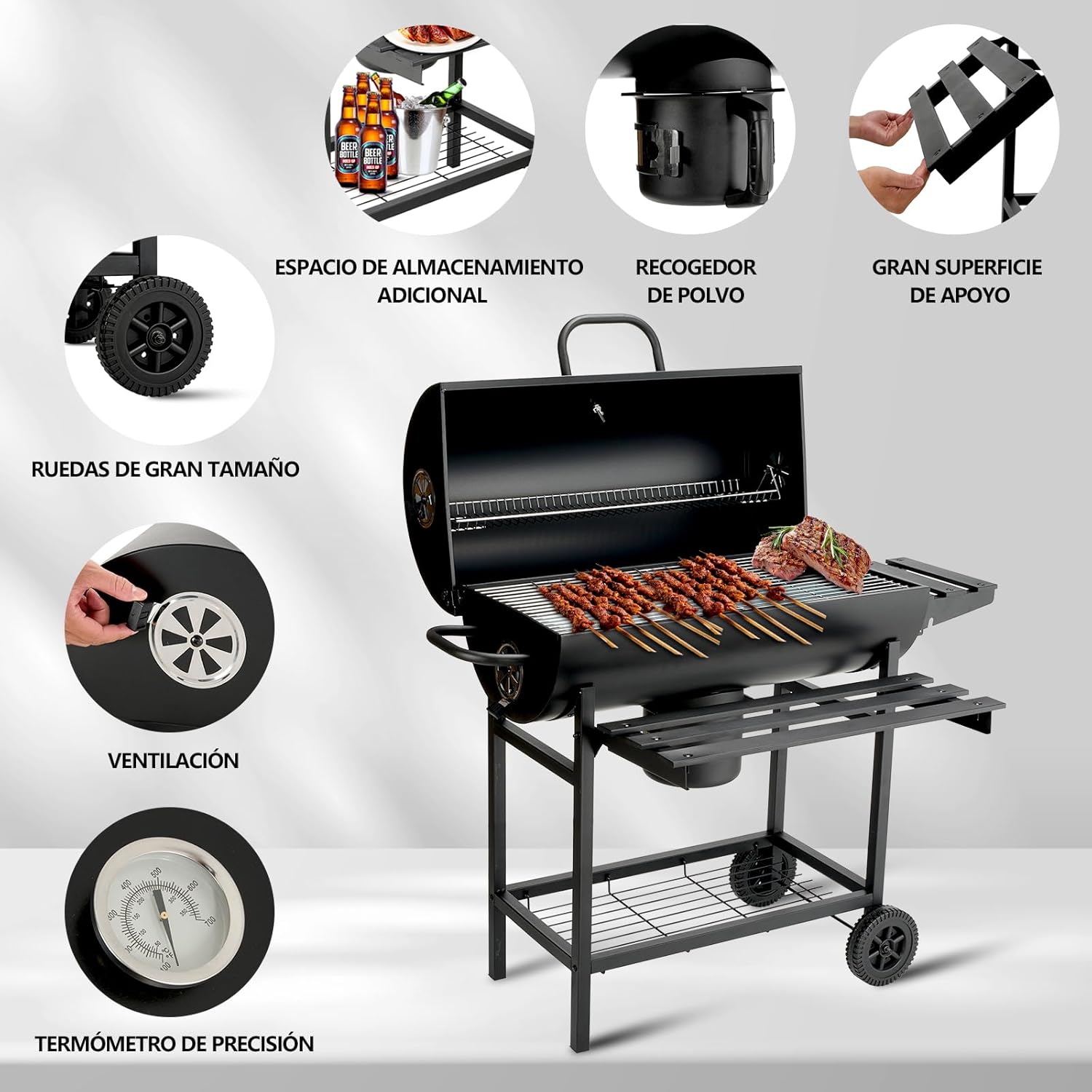 TEENO - barbecue charbon + table pliante 180x74x74 cm - gants inclus