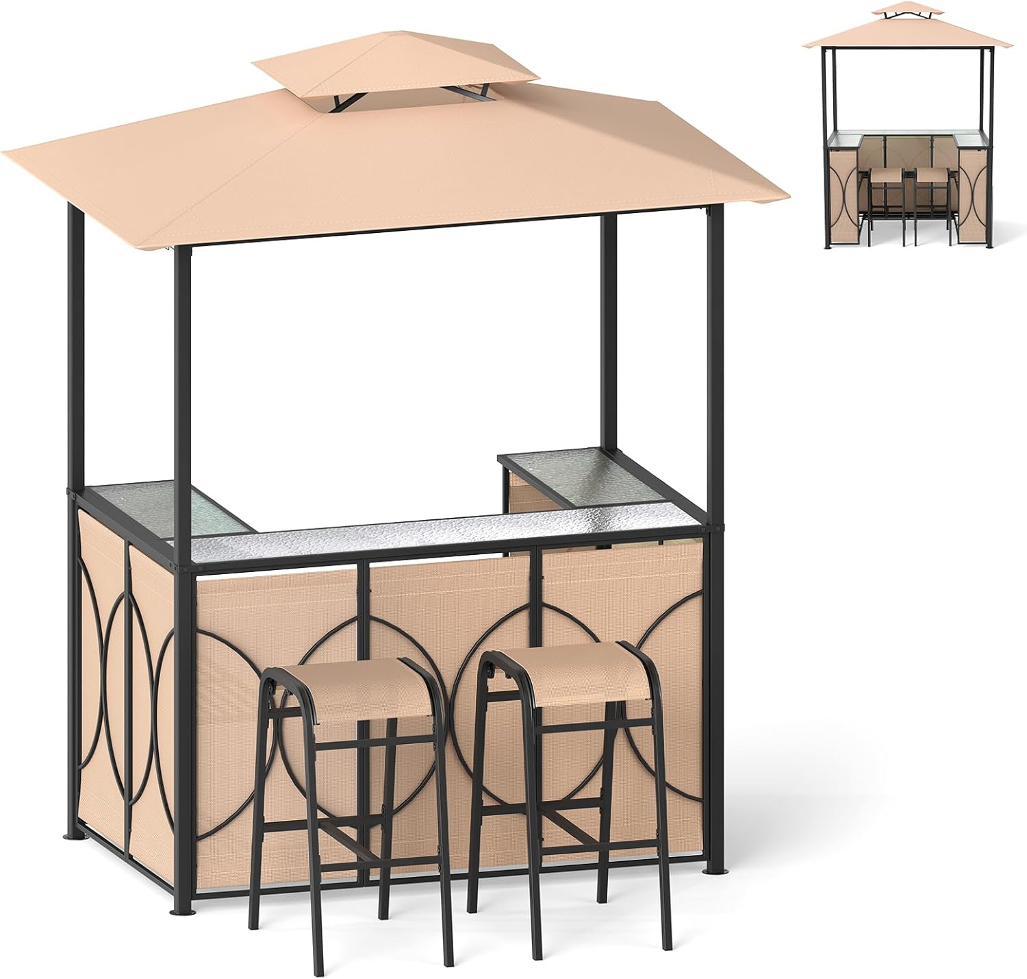 GOPLUS - Abri barbecue Café-1 - 194x121x242cm - bar extérieur, 2 tabourets, verre trempé, porte-verres