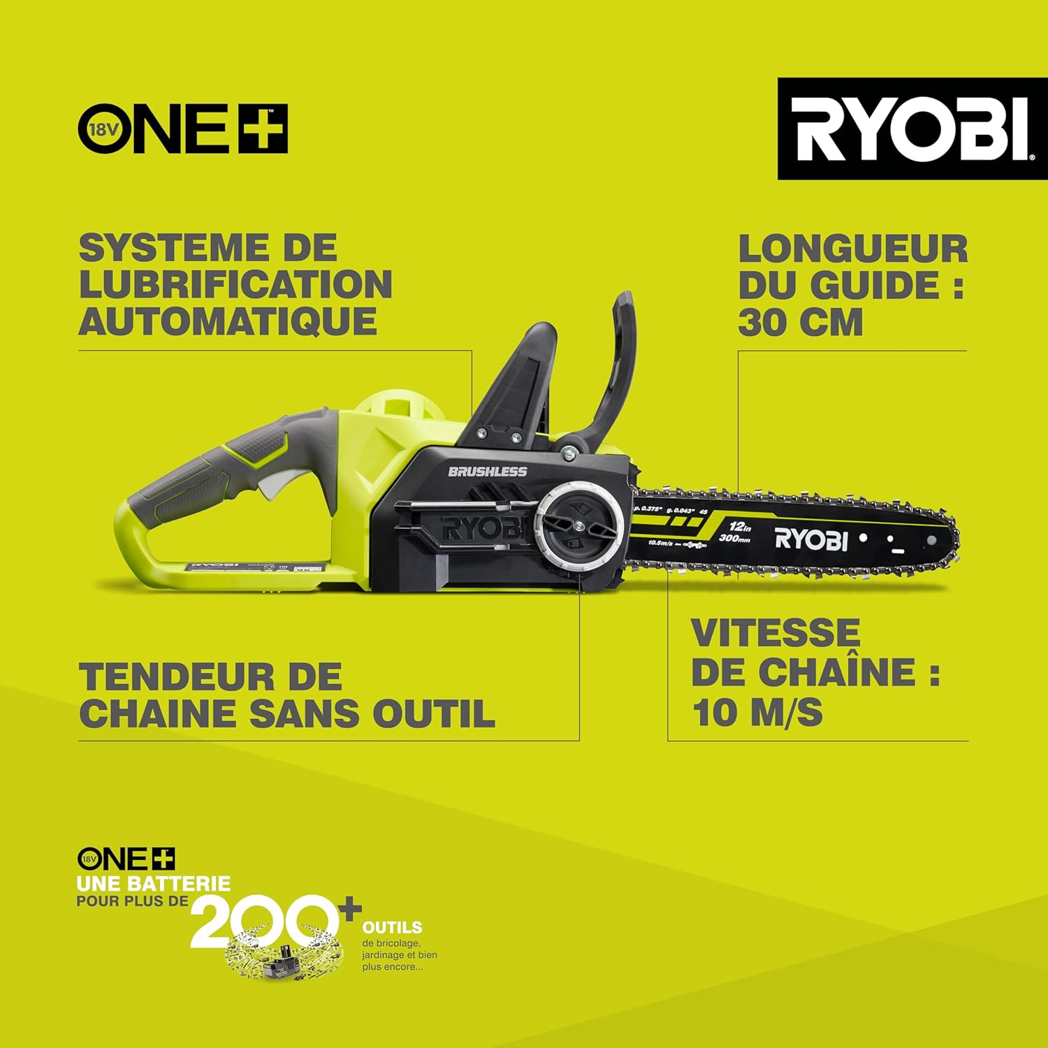 RYOBI - tronçonneuse ONE+ 30cm - lubrification auto, frein chaîne OCS1830