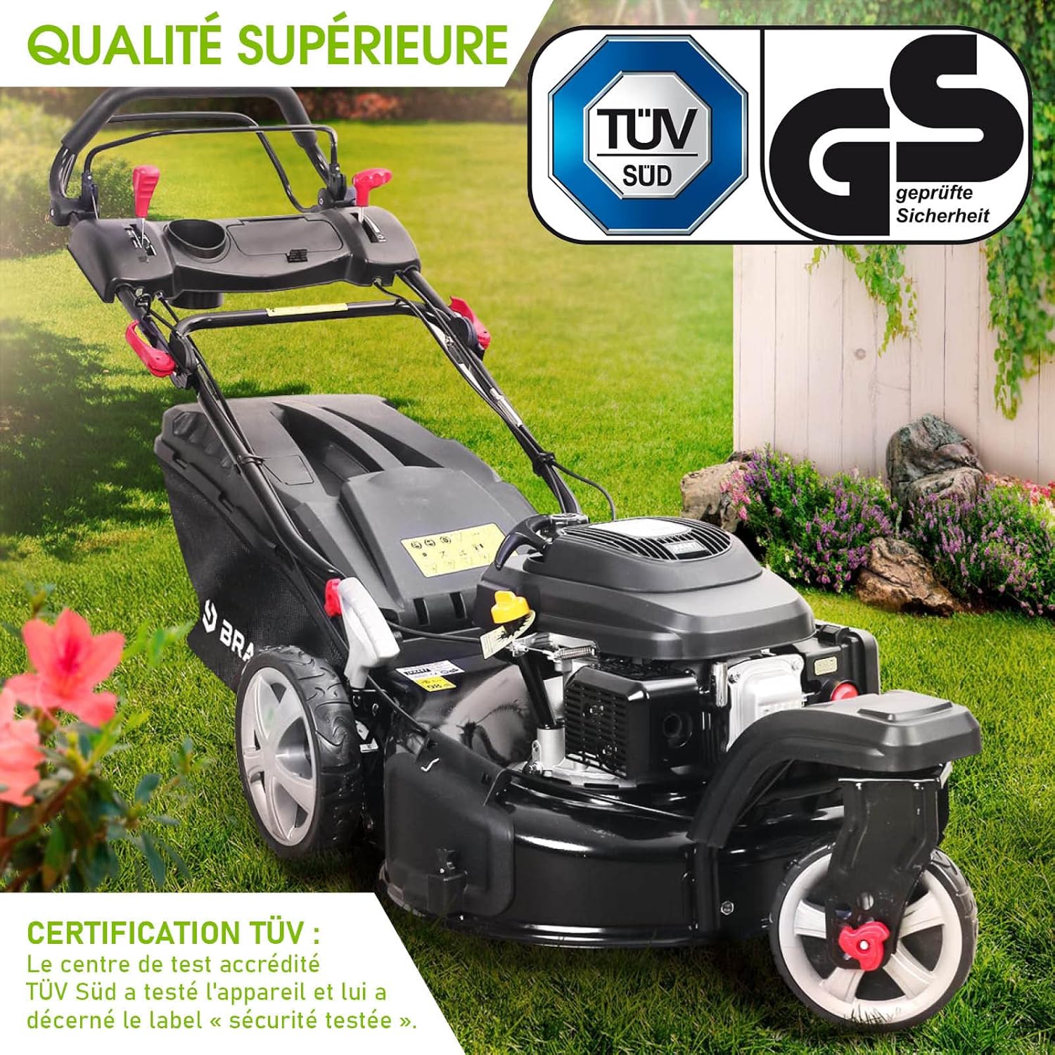 BRAST - tondeuse thermique 3 roues - 53cm, 224cc, 7cv, mulching, 4en1, capot acier, guidon réglable - TRIKE