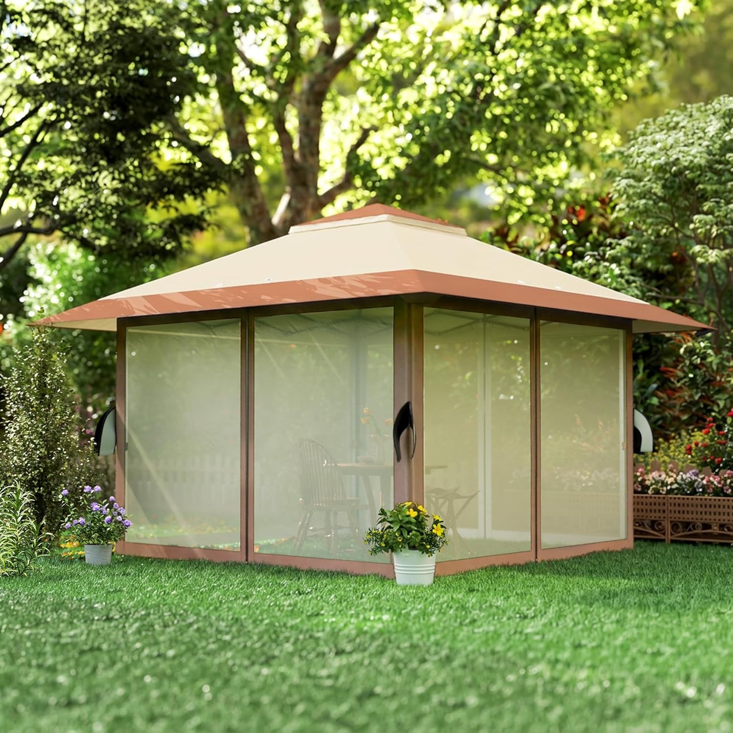 Outsunny - Tonnelle pliante - 4x4 m - parois filet, UV50+, réglable, sac roues