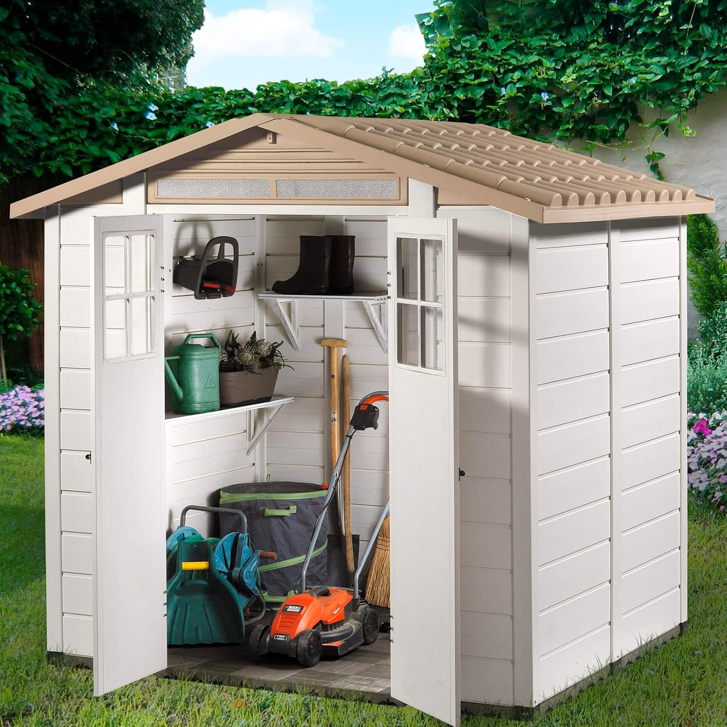 Gardiun - Tuscany Evo - 181x220x216 cm - abri de jardin résine 4 m², blanc/beige