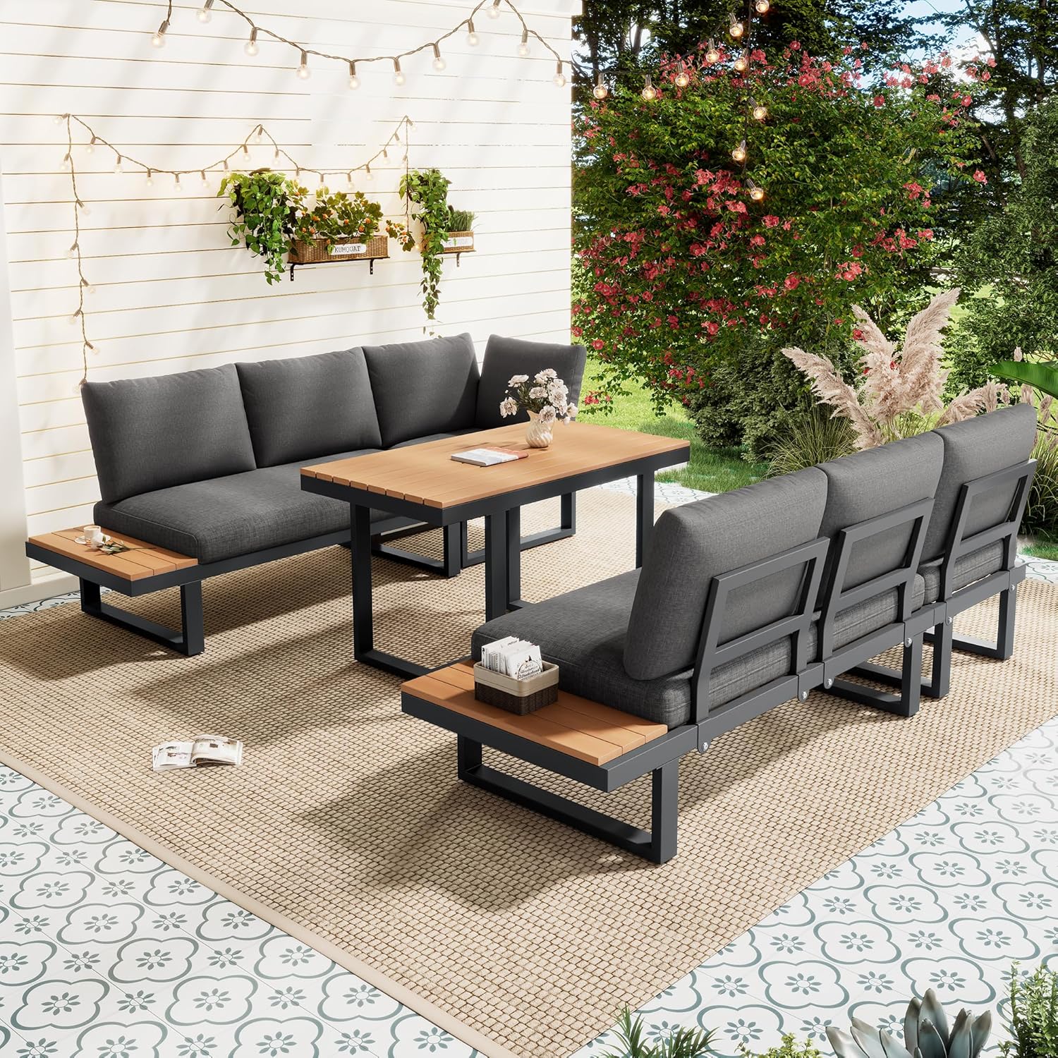 Sapgaks - Ensemble salon jardin inclinable 5 positions - structure acier, plateau bois-plastique, table incluse - gris/n