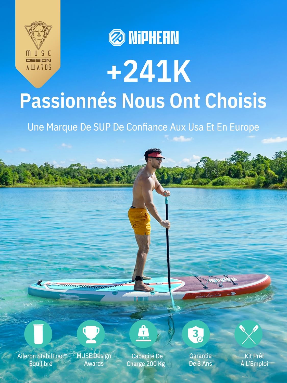 Niphean Paddle Gonflable Adulte avec Tous Les Accessoires, 320cm Planches de Stand Up Paddle Gonflables pour Tous Les Niveaux, Sup avec Capacité 200 kg pour 2 Personnes, Paddle Gonflable avec Siège