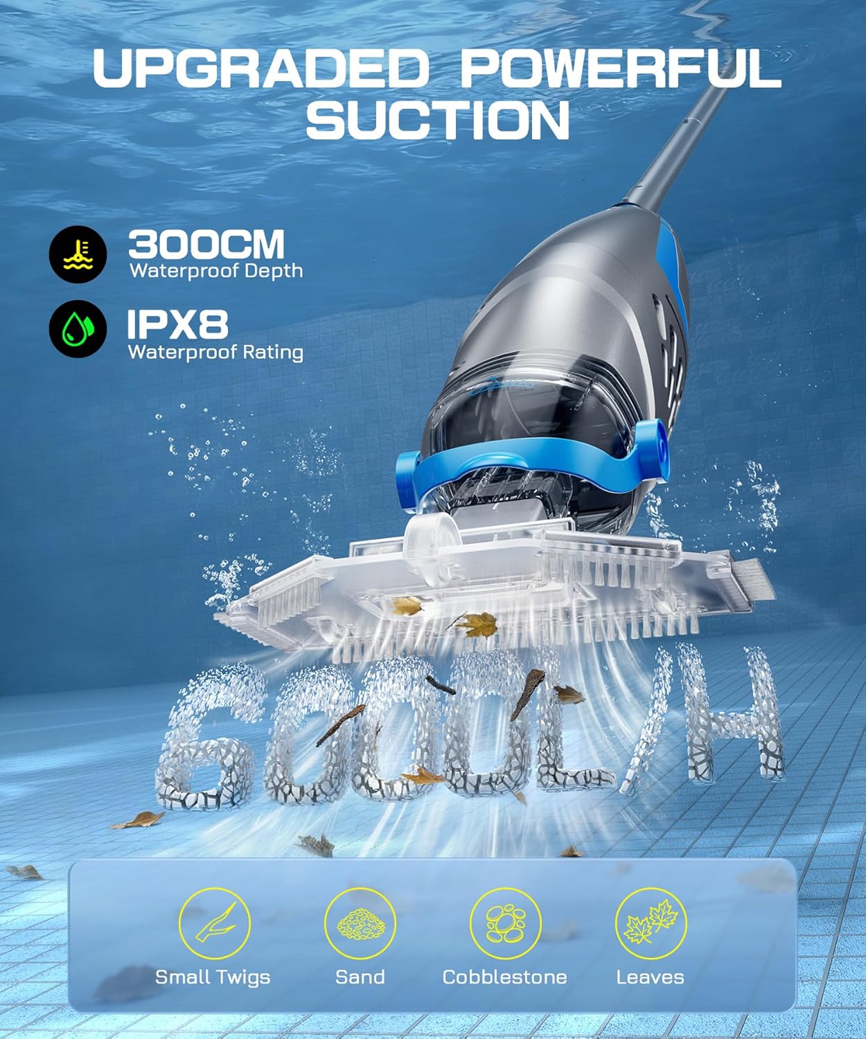 UIRWAY V3 Aspirateur Piscine sans Fil, 26,5 GPM Aspirateur Piscine Hors Sol Puissant Graviers, 2026 IPX8 Balai Aspirateur Piscine Rechargeable avec 2 Têtes & 4 Sacs Filtrants, Autonomie 1H Adapté