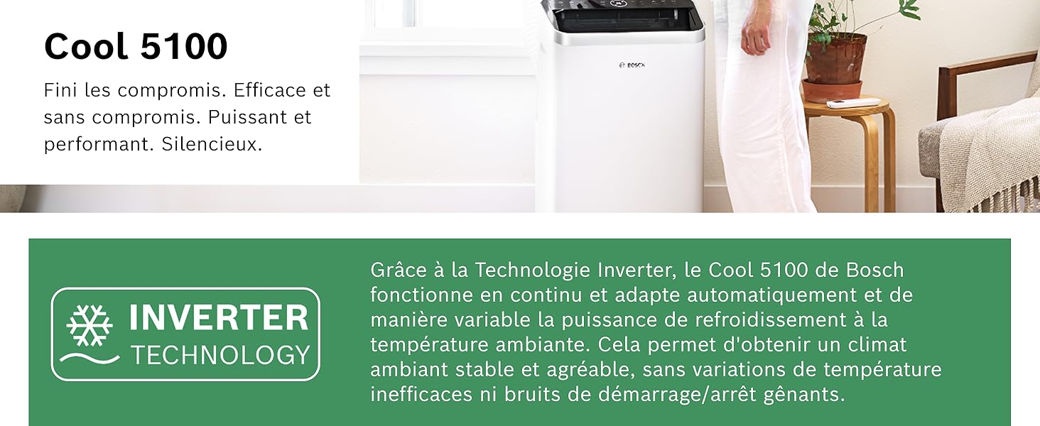 Le texte indique « Cool 5100 » avec le logo « INVERTER TECHNOLOGY ». Image composite montrant une unité de climatisation portable et un texte en français sur la fonctionnalité.