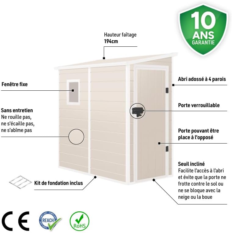 Jôbu Abri de Jardin Adossé en Résine Beige 2,09m² | Rangement Extérieur avec Fenêtre et Aération | Kit de Fondation Inclus | Structure Acier Galvanisé