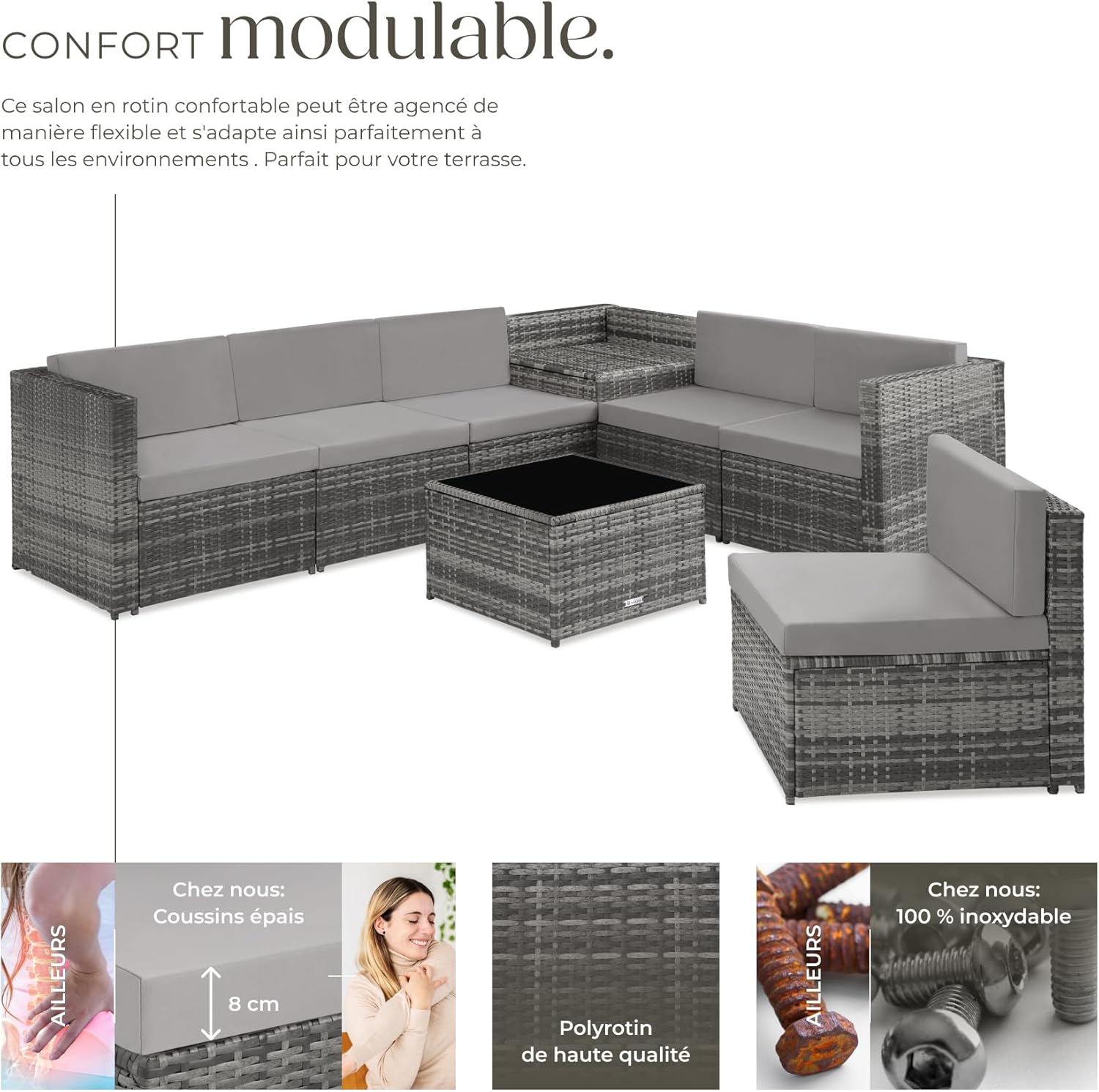 Salon de Jardin TecTake - Rotin 6 places - Résine tressée, modulable, coffres, s'étend sur balcon ou terrasse, gris - EX