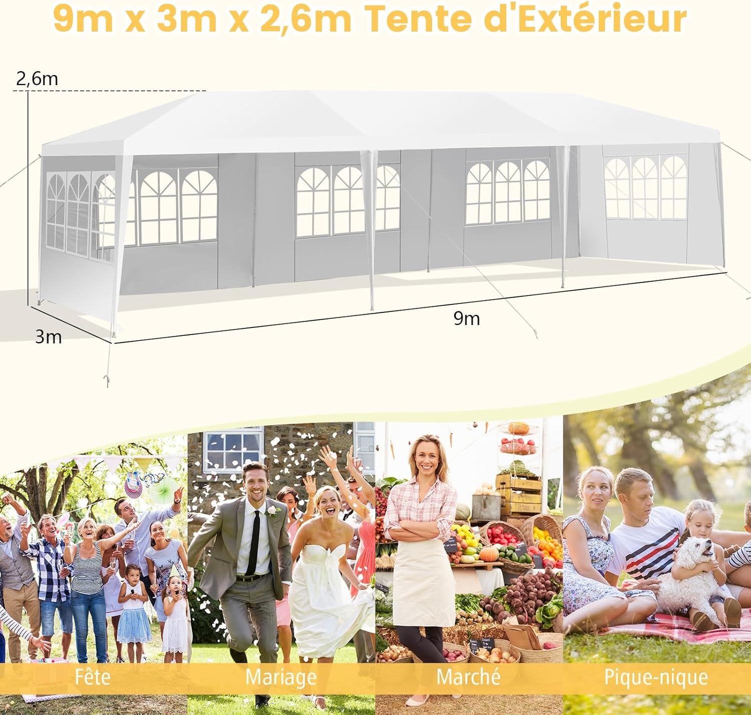 COSTWAY - Tonnelle 3x9m - 5 murs amovibles, piquets solides