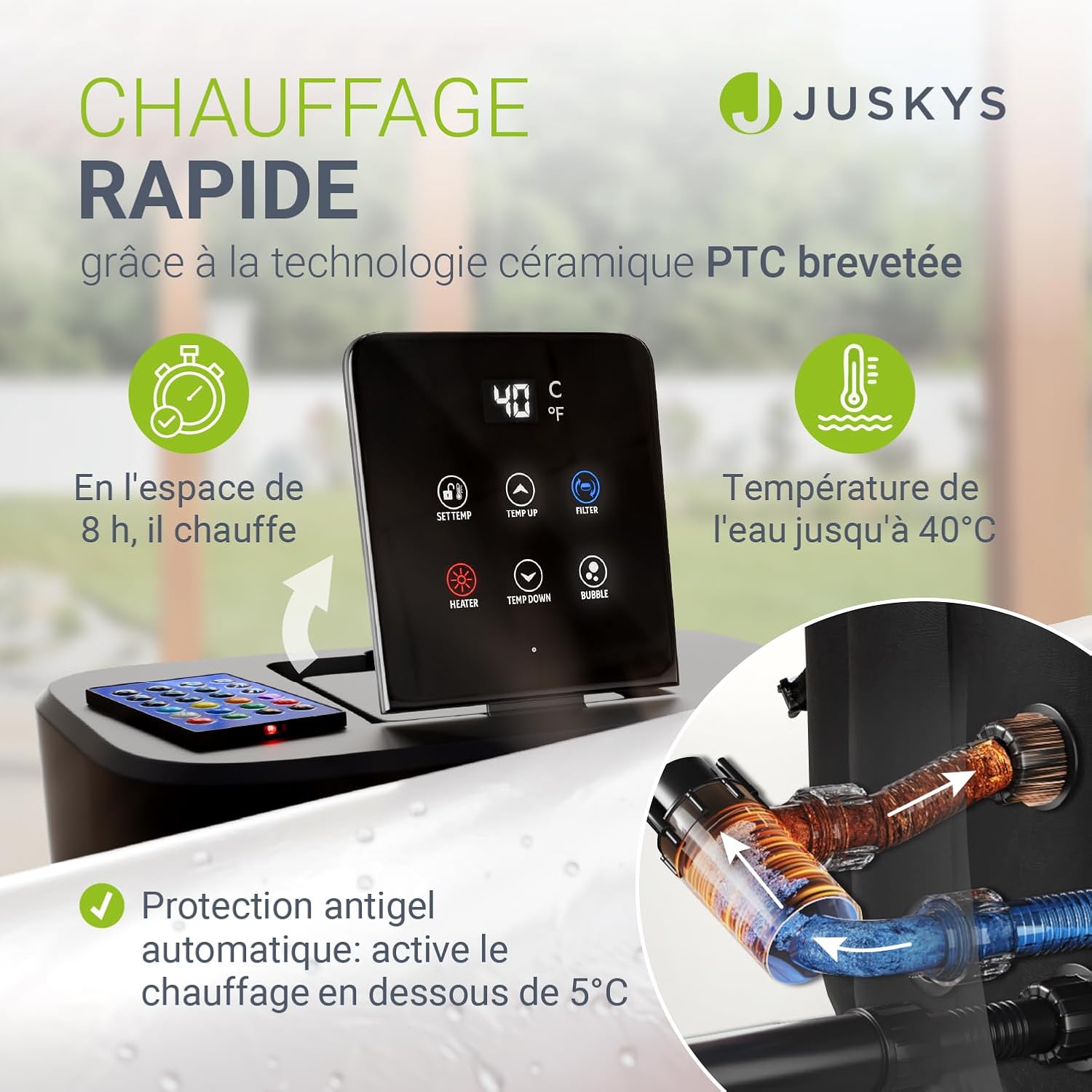 JUSKYS® Bain bouillonnant SpaLuxe – Structure extérieure, 130 Buses, Puissance Totale 3000 W, éclairage LED Noir/Blanc