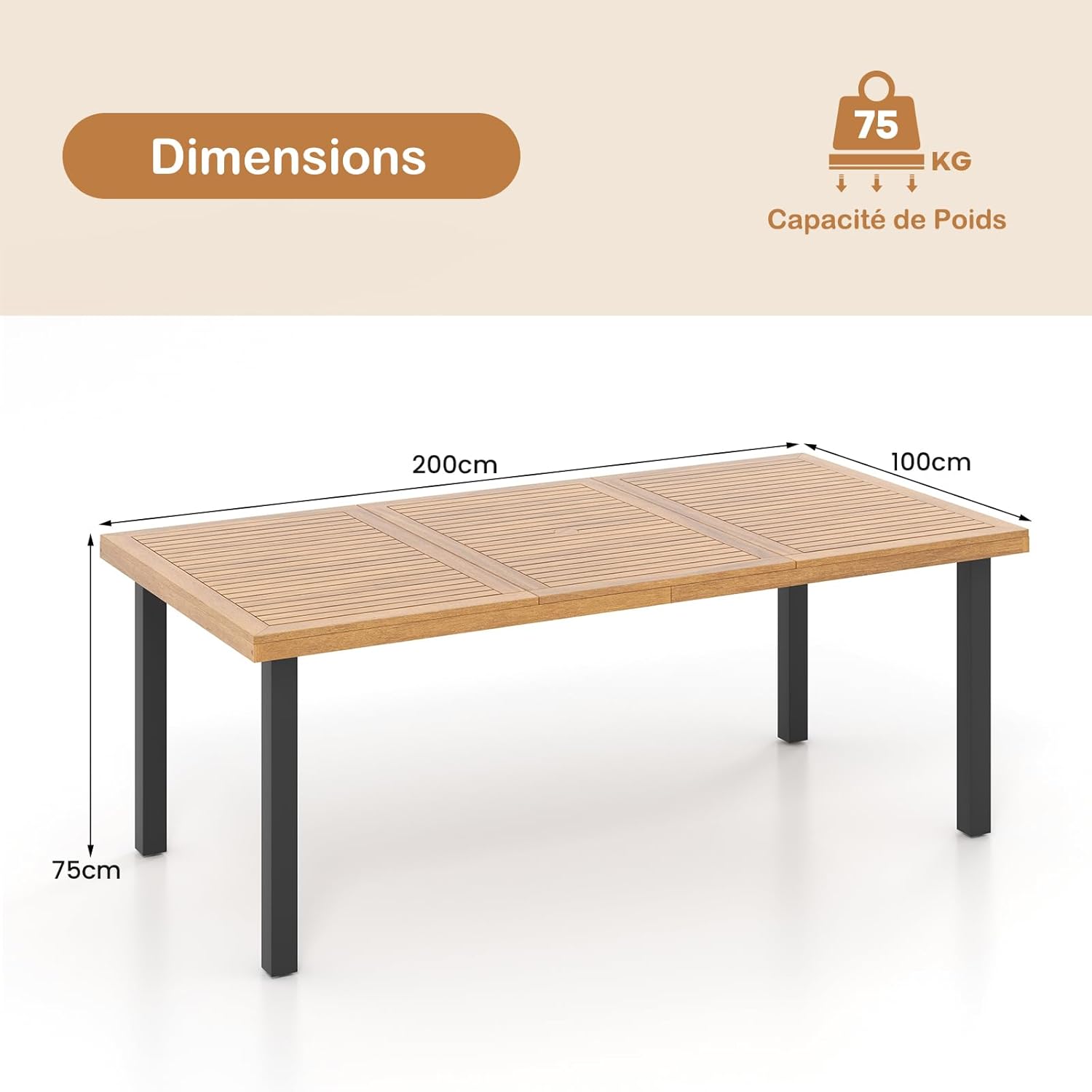 GOPLUS - Table à manger bois FSC 200x100x75cm - 8 pers, trou parasol