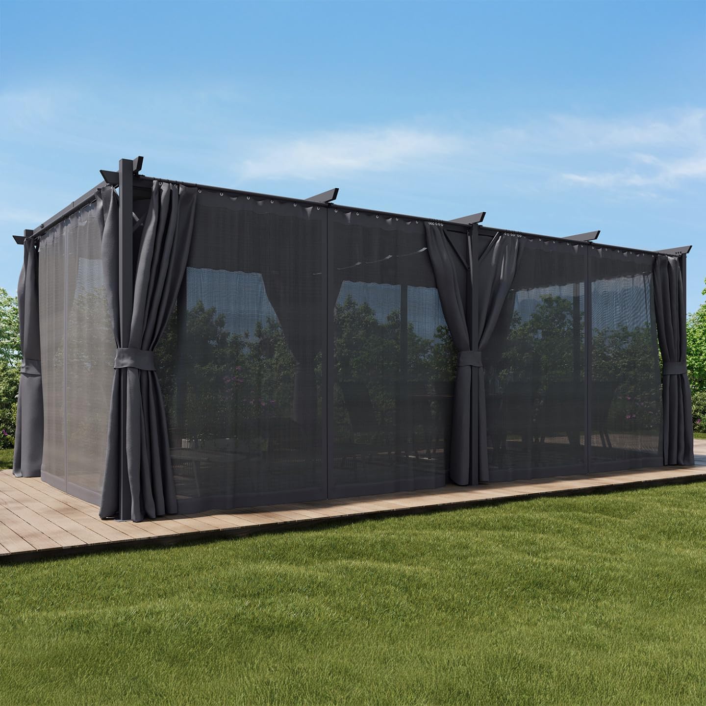IDMarket - Pergola intégrale moustiquaire, toit rétractable 3x6m, 6 rideaux gris