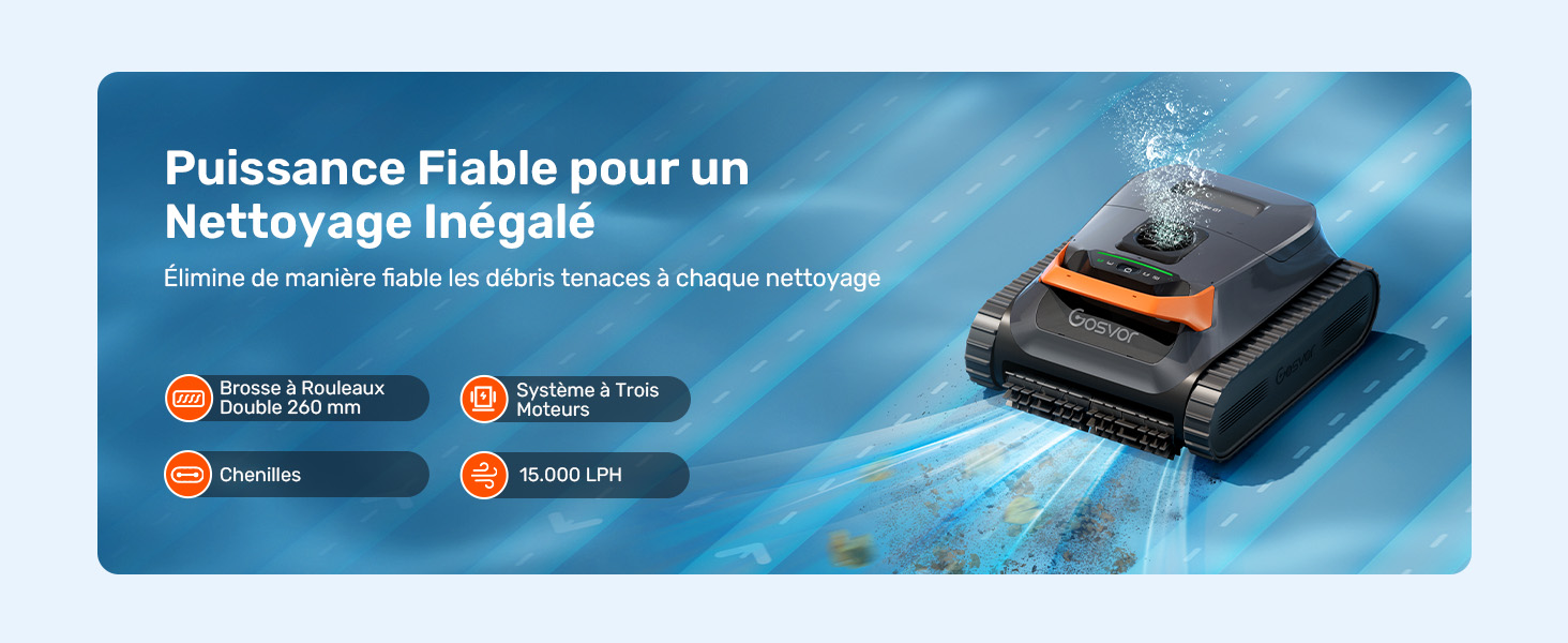 Le texte indique « Puissance Fiable pour un », « Nettoyage intégré ». Images de démonstration du produit montrant les caractéristiques d'une multiprise ou d'un limiteur de surtension.
