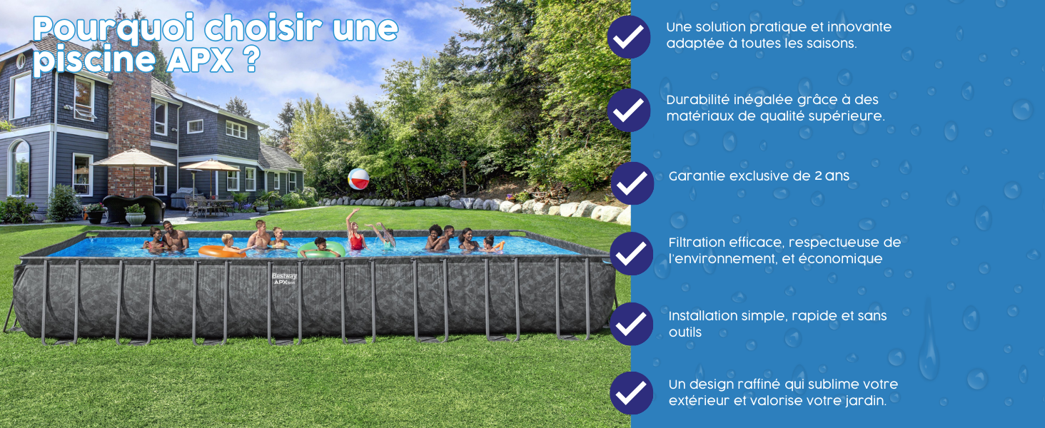 Grande piscine hors sol rectangulaire dans la cour arrière. Infographie présentant les caractéristiques et les avantages de la piscine cochés