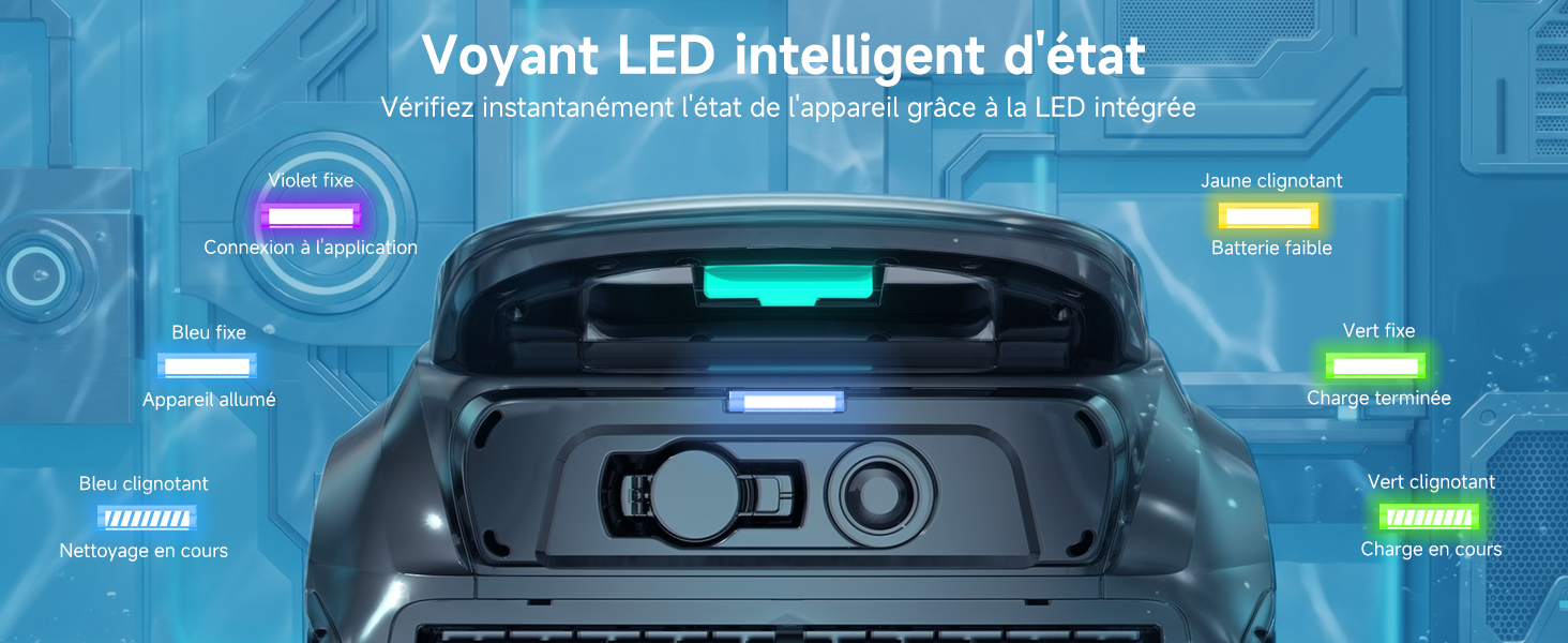Le texte se lit comme suit : « Robot intelligent Voicebot 3D ». Appareil robotique de couleur foncée avec panneau supérieur illuminé en turquoise affiché sur fond bleu avec des légendes étiquetées et des spécifications techniques indiquant les capacités du robot interactif.