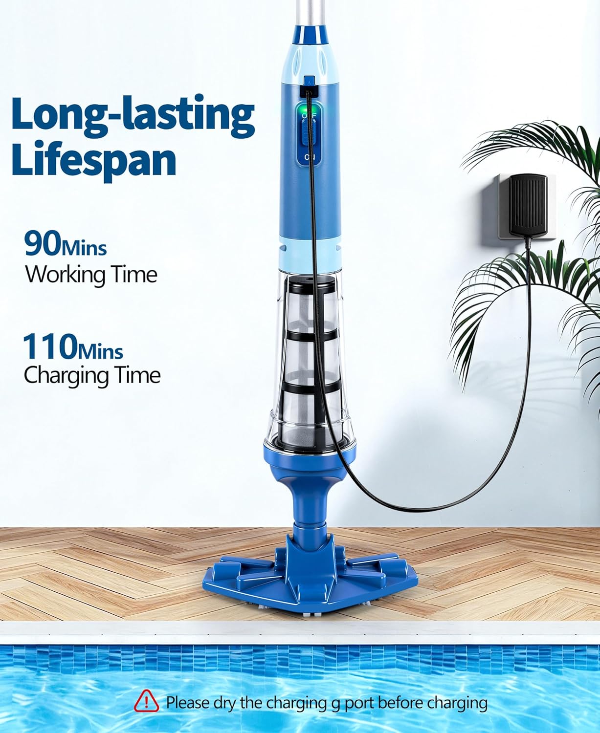 PoolLeader - Aspirateur piscine sans fil - 2,13m - 60L/min, 90min autonomie