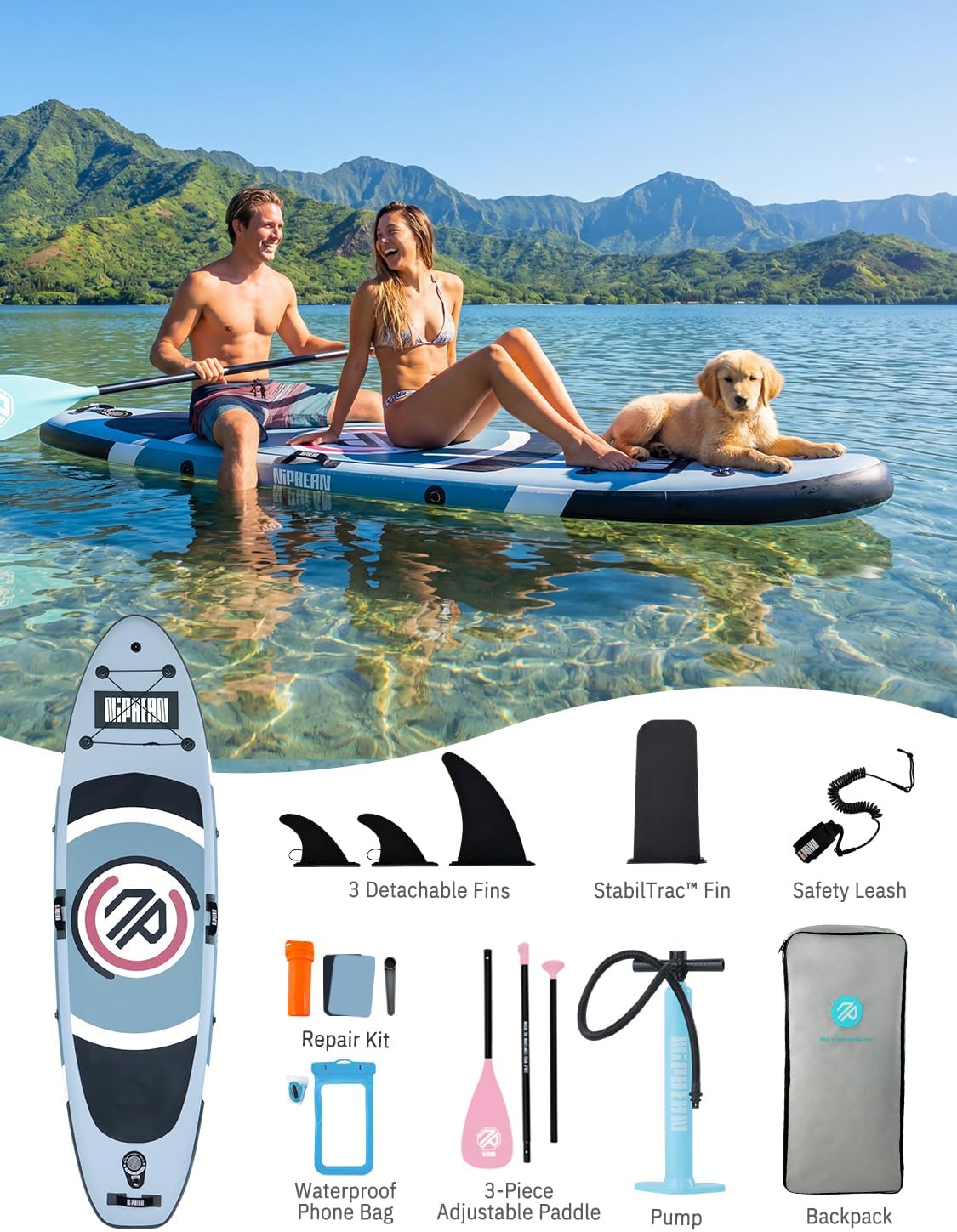 Niphean - paddle gonflable adulte avec siège - ultraléger - stabiltrac, antidérapant, yoga et animaux